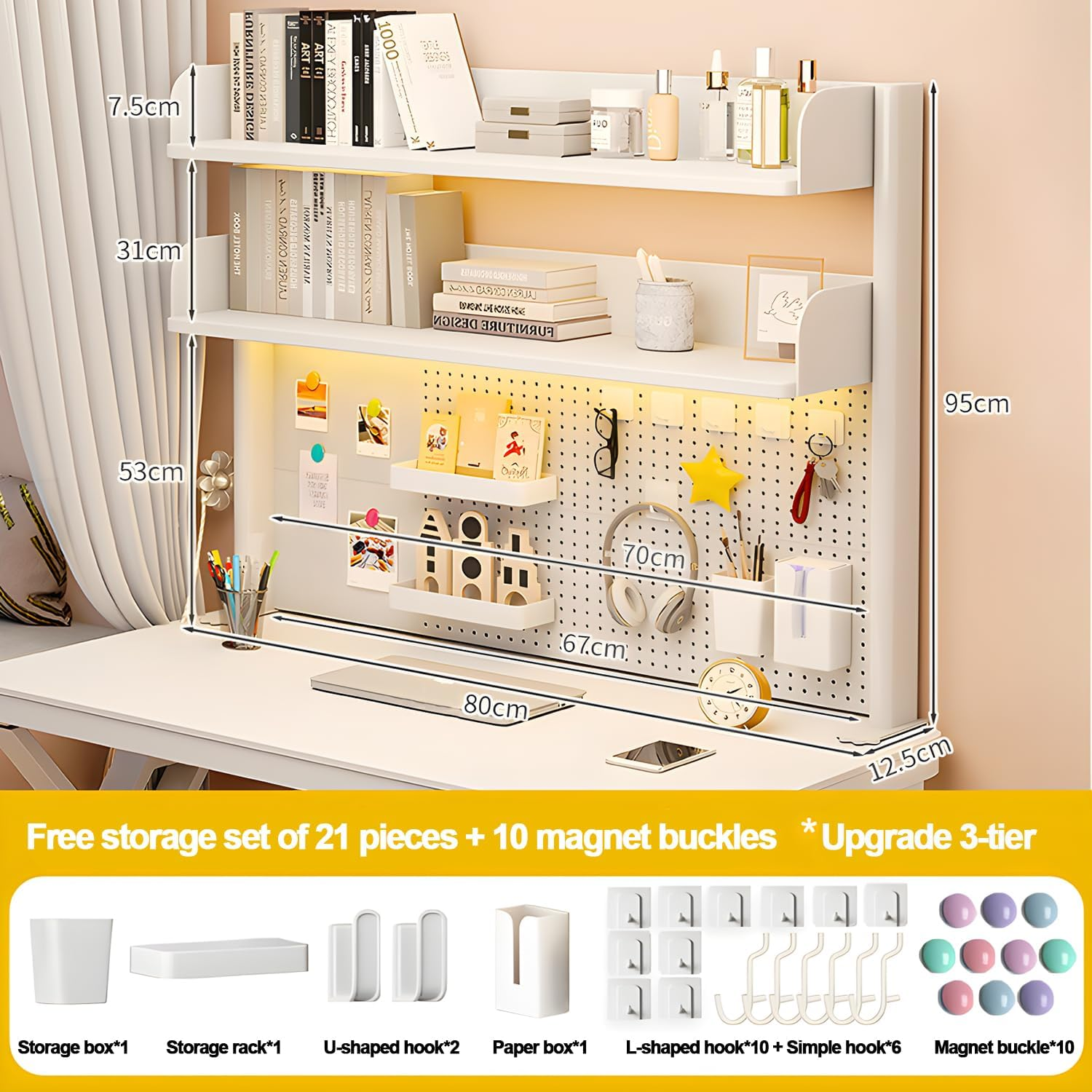 AIMANWEI Clamp-On 31.5 Inch above or below Desk 3-Tier Shelving, Desk Organizer Shelf for Office Accessories, Gaming Devices with 20 Pieces Storage Accessories (White)