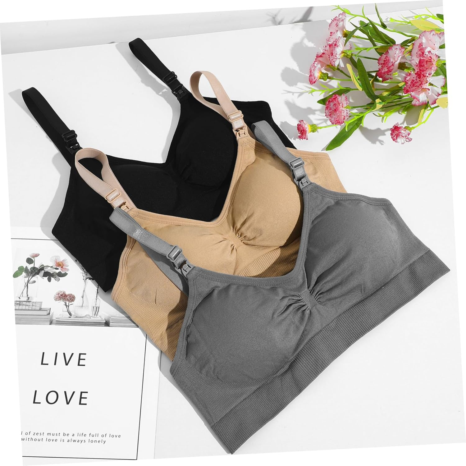 CALLARON 3Pcs Maternity Nursing Bras Breastfeeding Bras Nursing Bralette Soft Spandex Nylon Quick One-Hand Clip for Pregnant Women Sleep Daywear image number 3