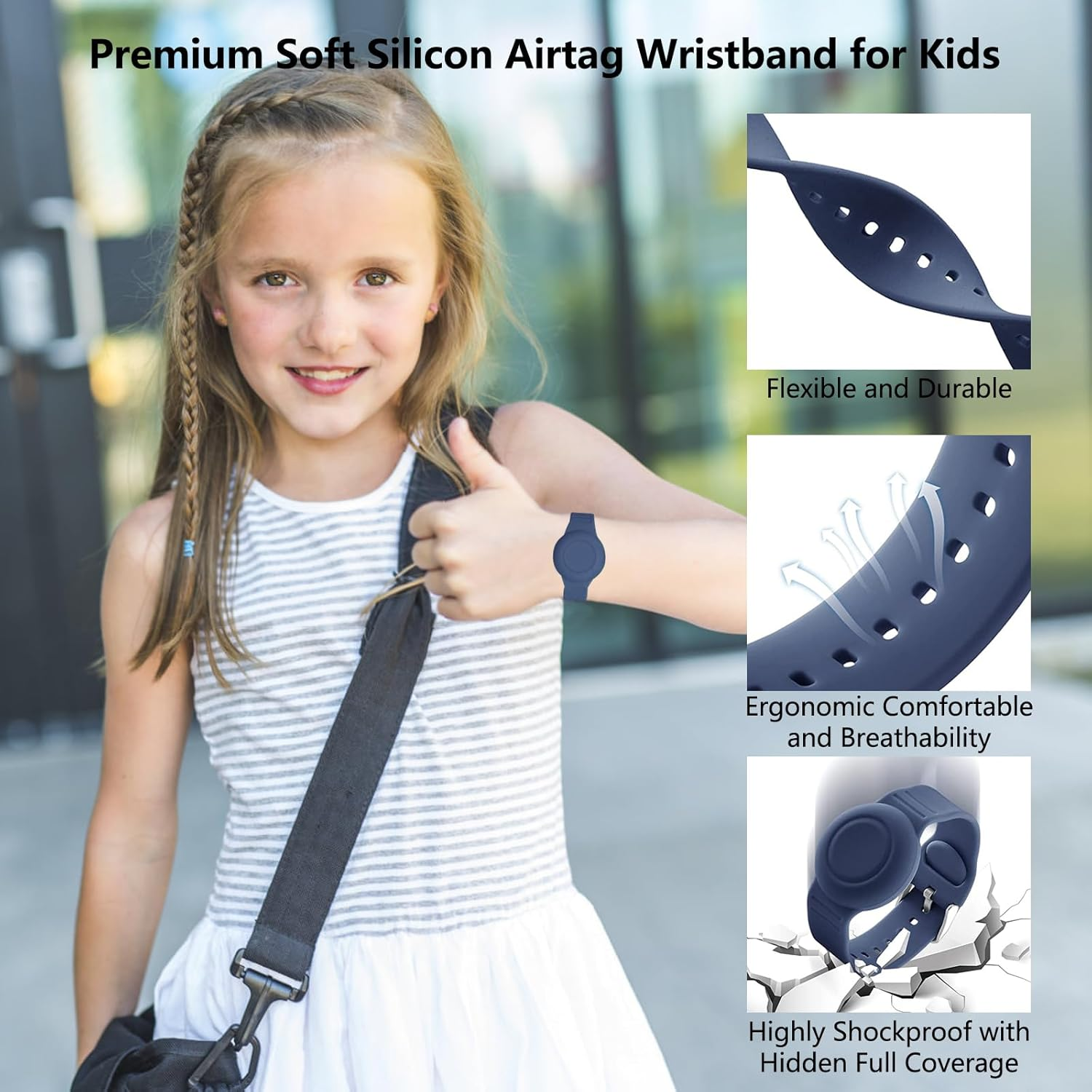 Aircawin Waterproof Airtag Bracelet for Kids,2 Pack Silicone Hidden Airtag Wristband Kids,Anti-Lost Apple Airtag Holder Case for Toddler,Airtag Case Cover Watch Band GPS Tracker for Child Black+Blue image number 6