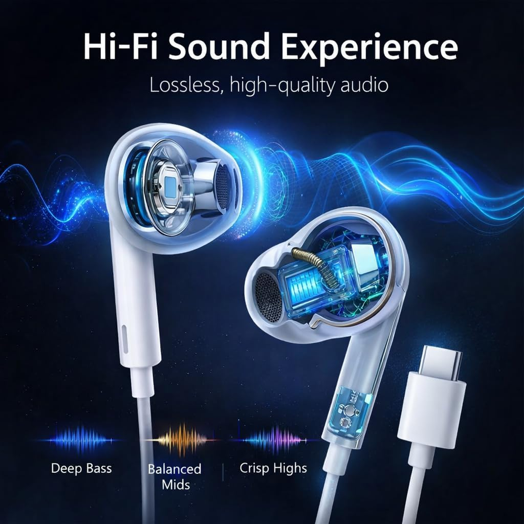 Mizi 2 Pack USB C Headphones - Wired Earphones with Microphone & Volume Control, USB Type-C Earbuds Compatible with Iphone 17/16/15 Pro Max/Plus/Air, Ipad Pro/Air, Galaxy S25/S24/S23/S22/S21, White image number 6