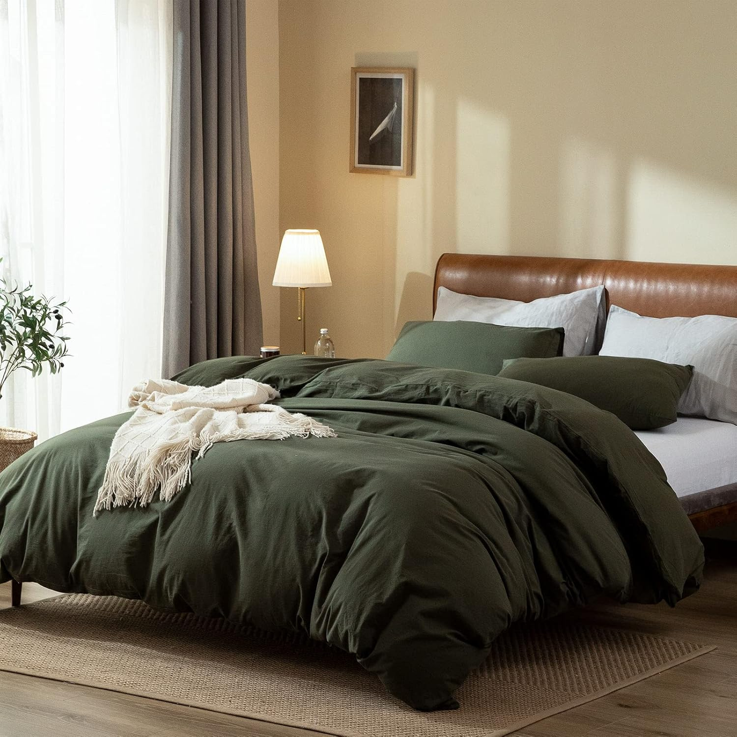Dark Green Duvet Cover Queen, 100% Washed Cotton Linen like Textured Solid Color Casual Modern Green Bedding Set, with Zipper Closure, Luxury Soft Relaxed Feel Natural Wrinkled Comfy (3Pcs, Queen) image number 1