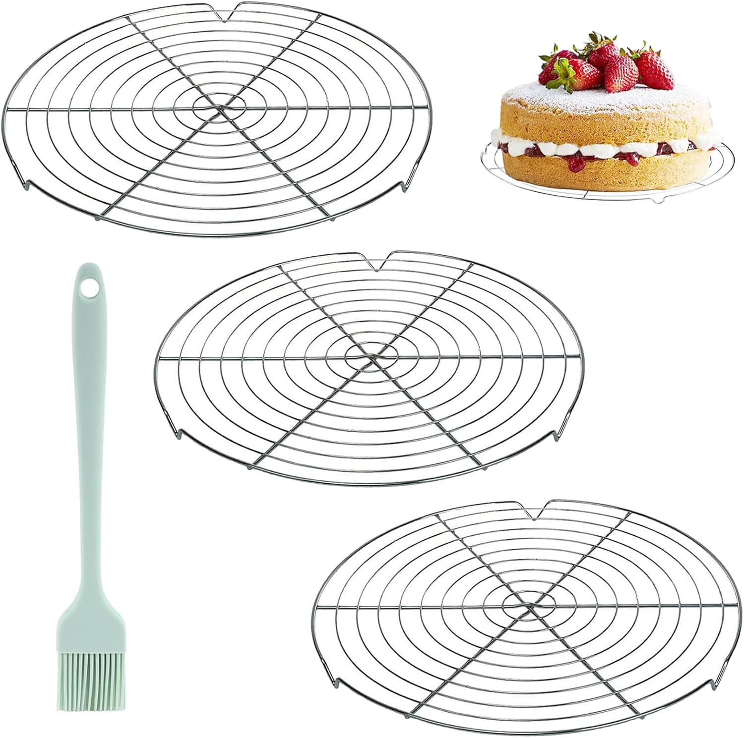GANILITY round Cooling Rack, Pack of 3 Cooling Rack with 1 Piece Silicone Brush, 32 Cm round Cake Rack, Stainless Steel Cake Rack, Cooling Rack, Kitchen Accessories, for Cooling, Baking image number 4
