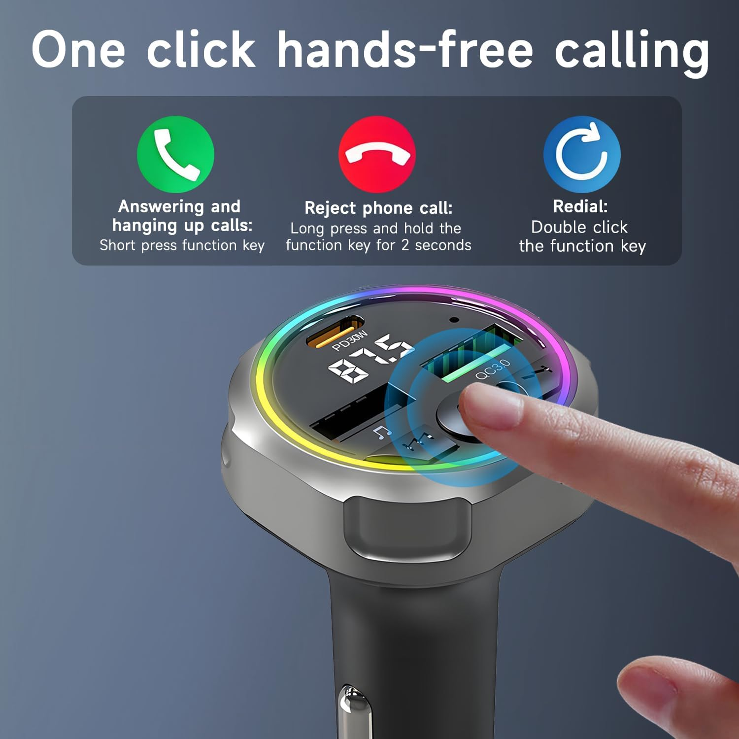 QUMOX Bluetooth 5.3 FM Transmitter Car Charger, PD 30W + QC3.0 Fast Charging, RGB Ambient Light, Dual USB Ports, Hands-Free Calling, Hi-Fi Music, Compatible with Iphone/Samsung/All Vehicles image number 6