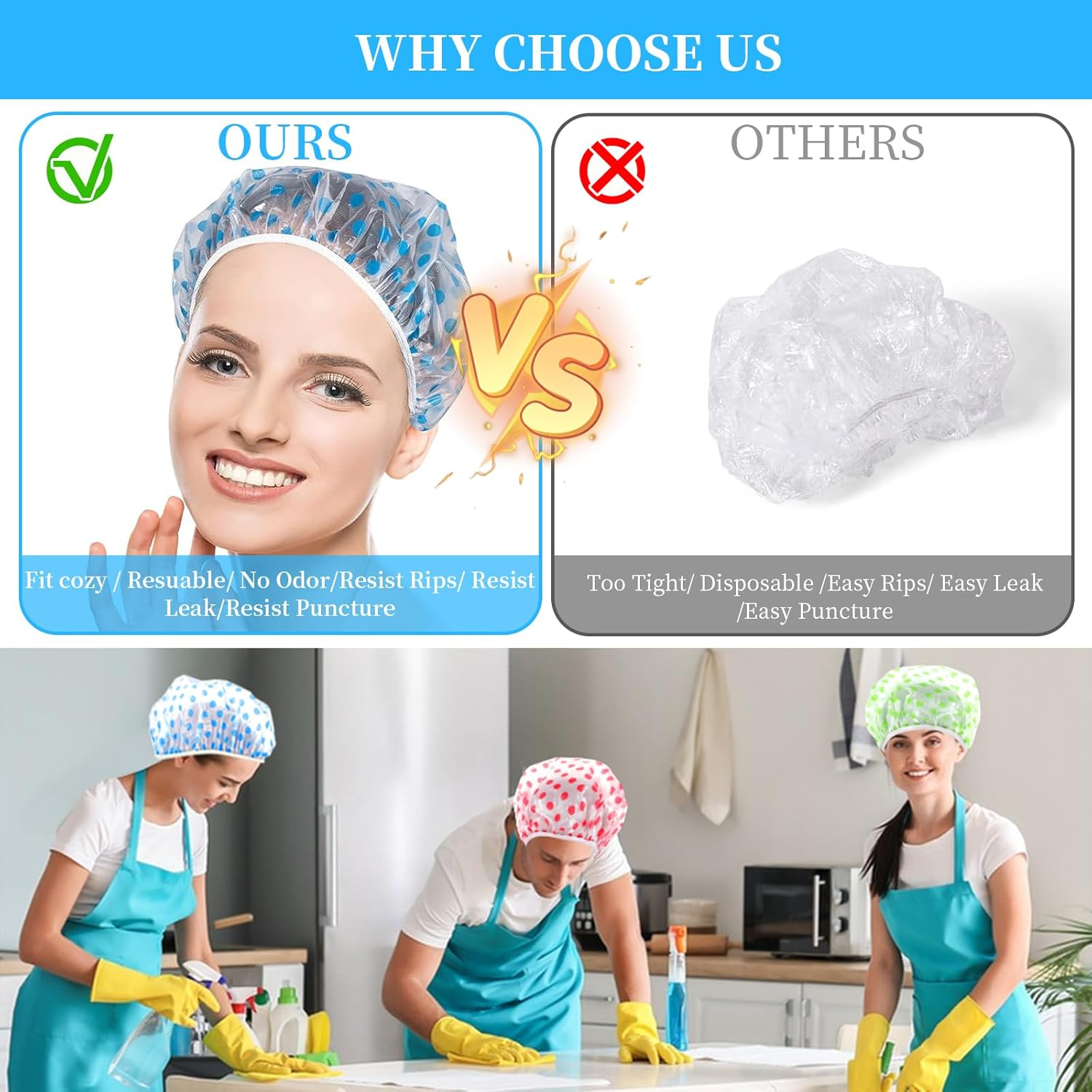 12 Pieces Thickened Shower Caps Combo Pack Waterproof Reusable Plastic Bath Caps Beauty Salon Spa Shower Caps Lace Elastic Band Bath Hair Hat Suitable for Women Ladies Fit for Home and Travel image number 6
