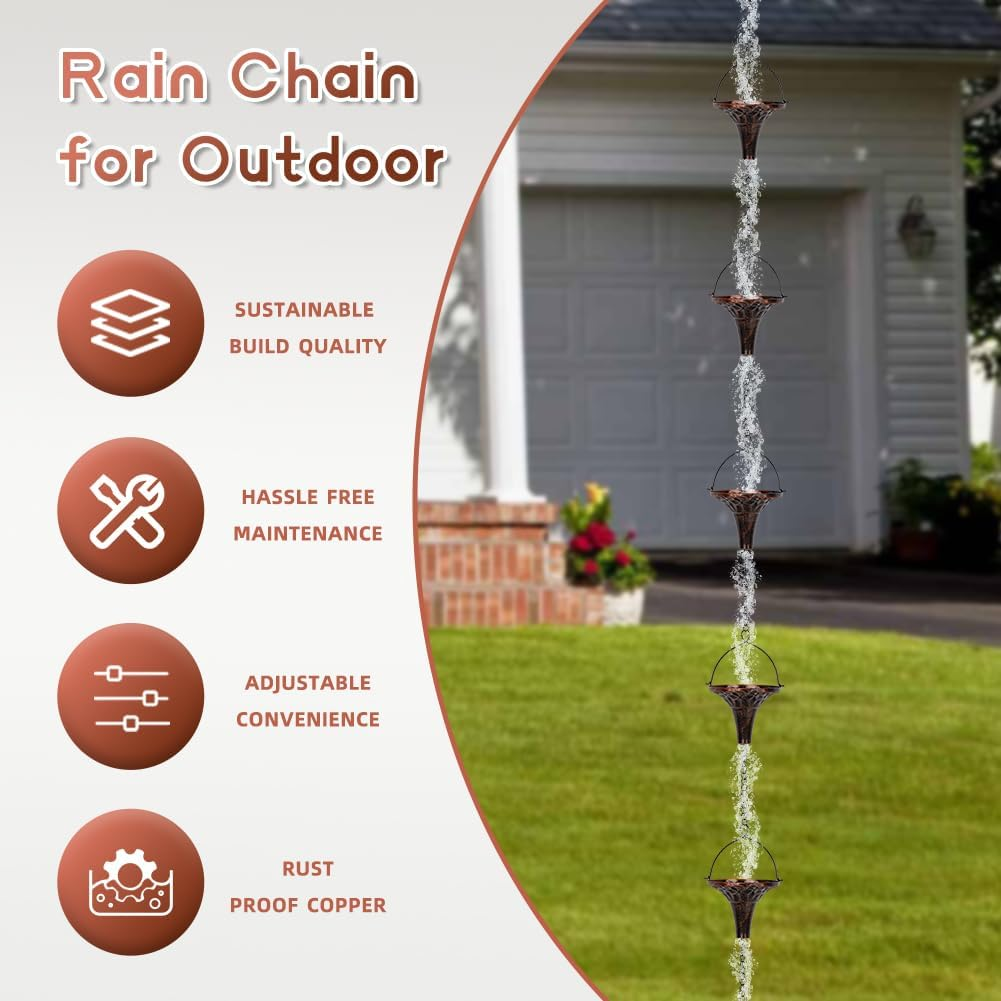 9.7Ft Outdoor Rain Chain with 10 Funnel Shaped Cups Adjustable Rain Chain for Gutters, Eaves, Drains, Replacement Downspouts image number 4