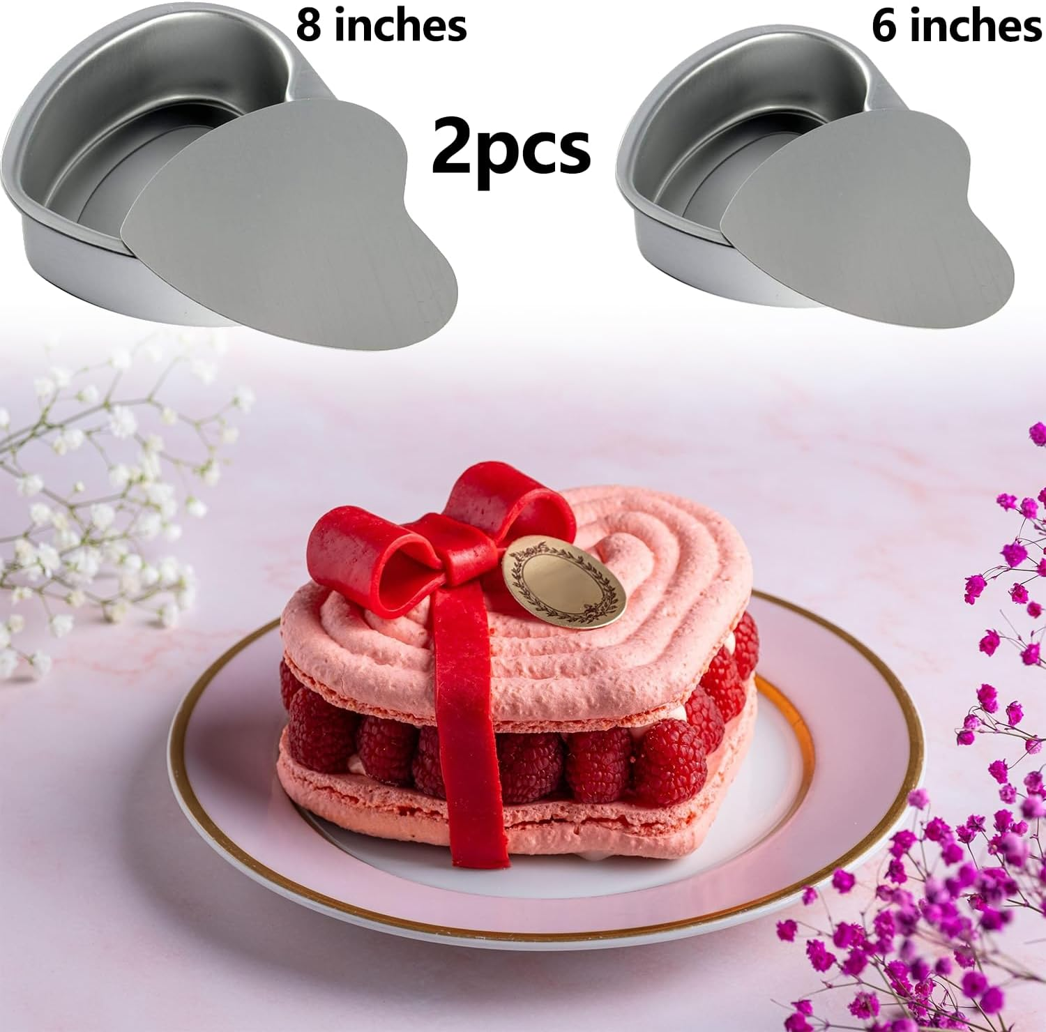 2 Pcs Heart Shaped Cake Pan Set, Aluminum Heart Shape Mould, Non-Stick Heart Cake Tins, 6 Inch & 8 Inch, Removable Bottom Baking Mould, for Household Christmas Birthday Wedding image number 6