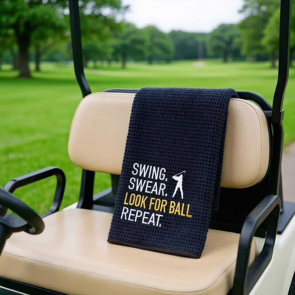 Embroidered Golf Towel with Clip Microfiber Waffle Weave Golf Club Cleaner Accessories Fathers Day Golf Present for Men Black Damaill image number 1