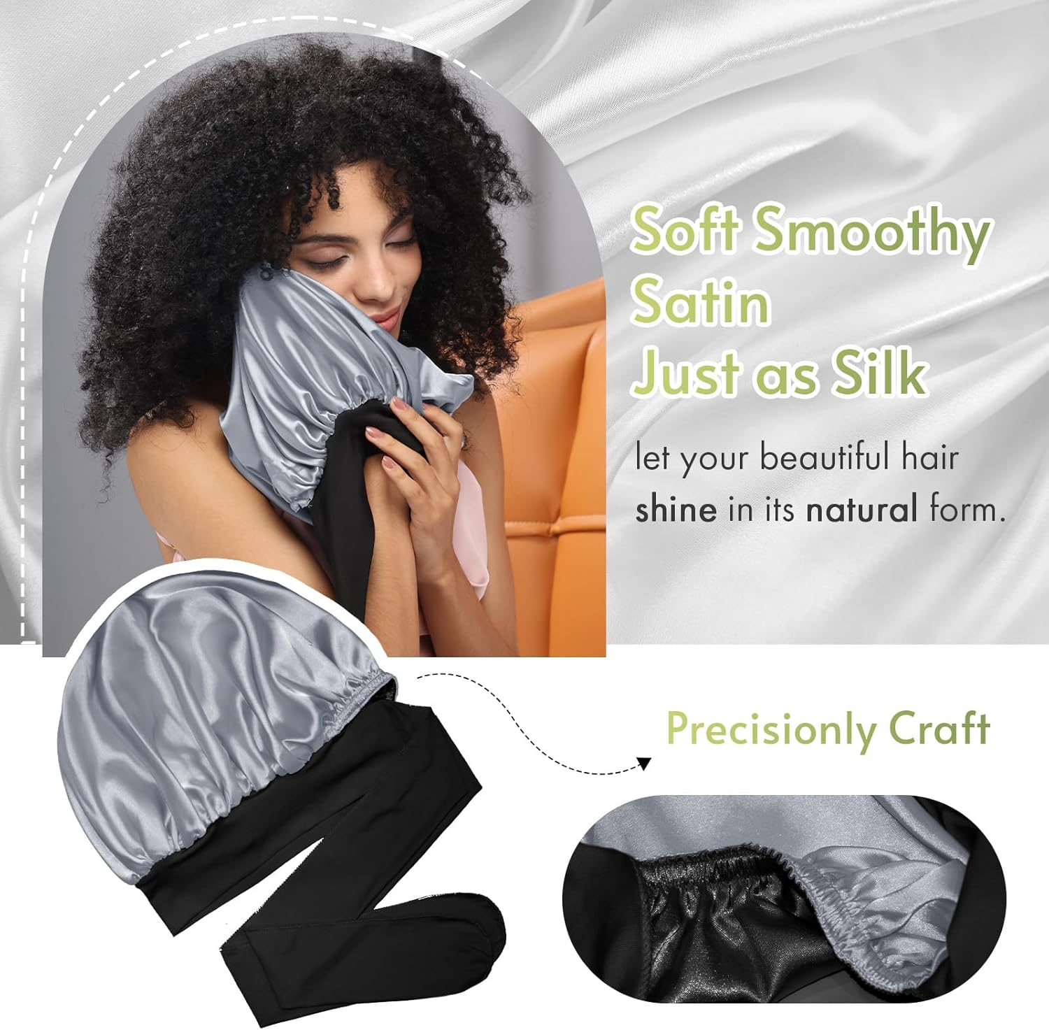 Bonnet Queen Silk Bonnet Satin Bonnet for Sleeping Women Double Layer Reversable Satin Sleeping Hair Cap Silk Bonnet with Wide Tie Band for Curly Hair, Medium Black+Silver image number 6