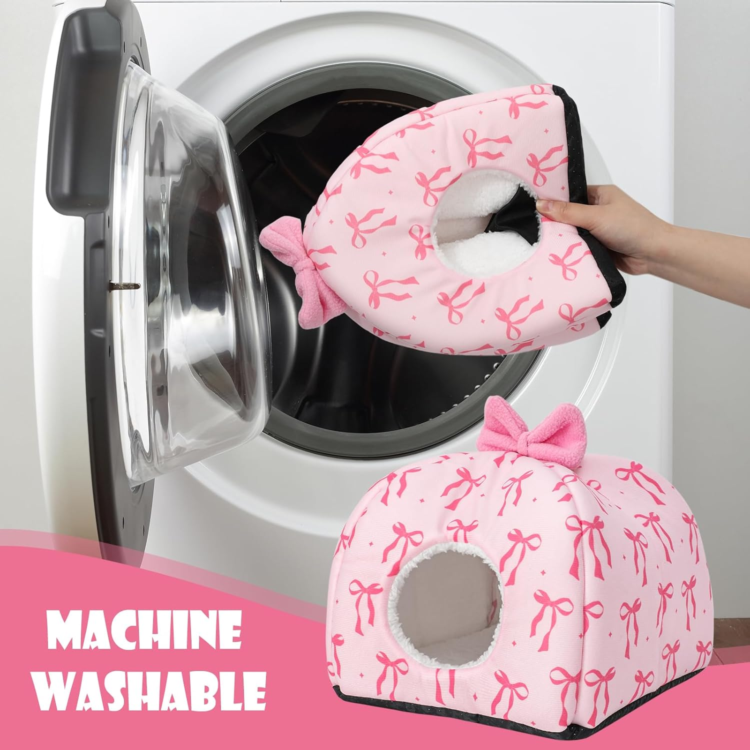 Jarthenaamcs Washable Guinea Pig House Bed Pink Bow Bunny Hideout Cage Accessories Reusable Hideaway for Ferret Hedgehog Small Animal, 9.5 X 9.5 X 8 Inch image number 3