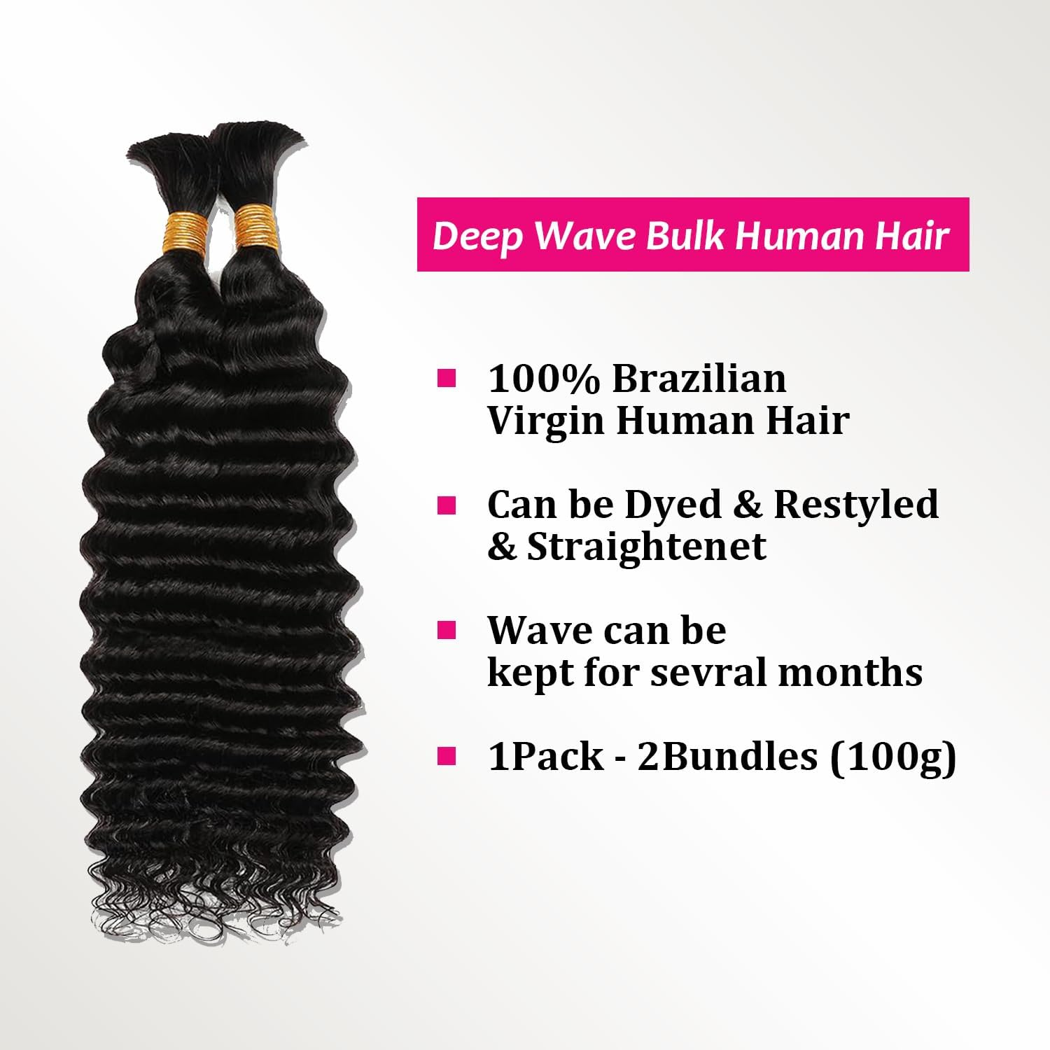 Deep Wave Bulk Human Hair for Boho Braids Human Braiding Hair for Micro Braid 100% No Weft Brazilian Virgin Curly Human Hair Extensions for Boho Braids (Deep Wave 1B#, 18Inch 100G(50Gx2Bundles)) image number 2