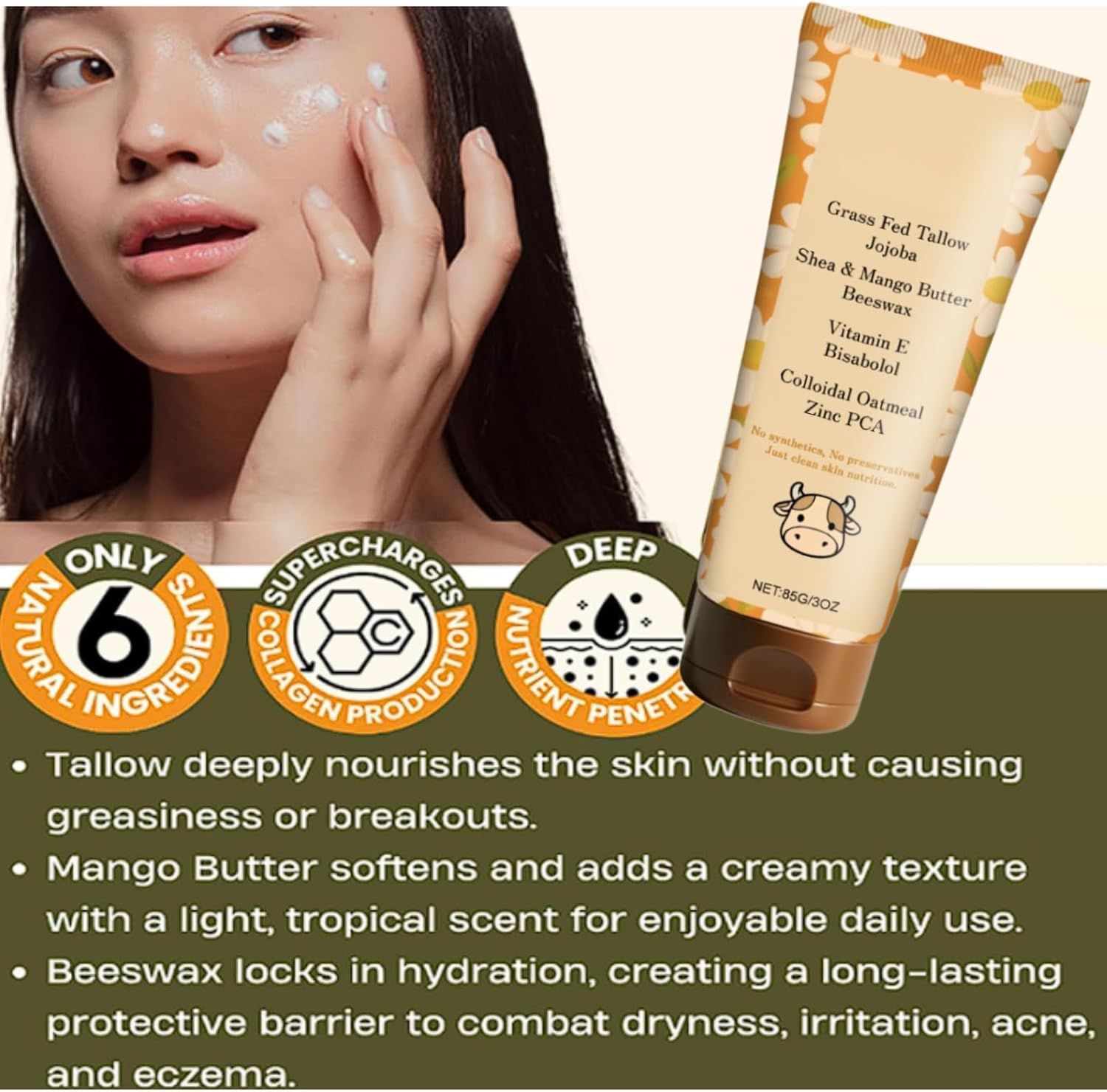 Belano Tallow Glow Balm, Tallow Barrier Reconstruction Balm with Colloidal Oatmeal & Organic Tallow, Deep Nourishment & Long-Lasting Hydration, Supports Skin&rsquo;S Natural Barrier (2Pcs) - 1Pcs image number 4