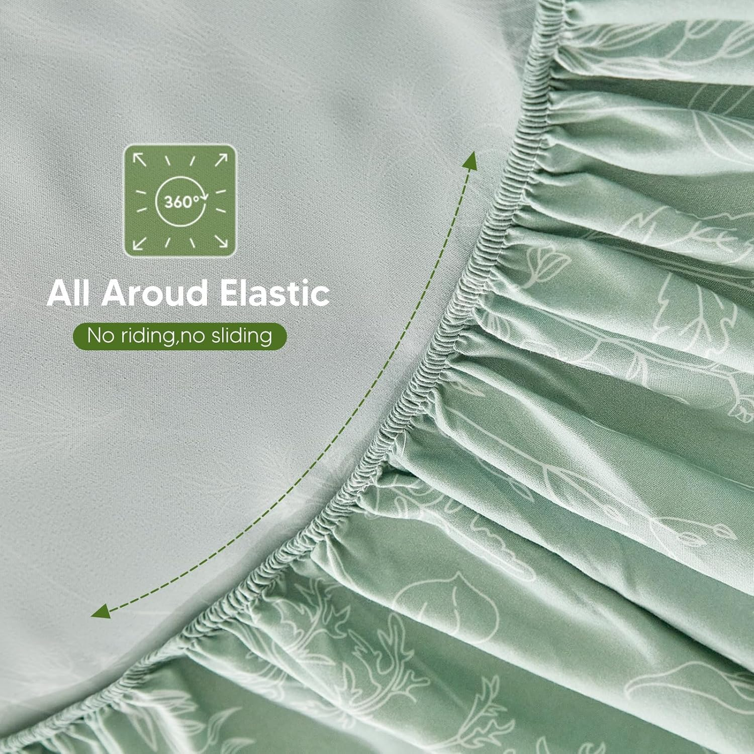 Tokokimo Fitted Sheet 160 X 200 Cm, 35 Cm Large Pockets with 2 Pillowcases 50 X 80 Cm - Soft Microfibre Duvet Cover with Hand-Painted Floral Motif, Sage Green