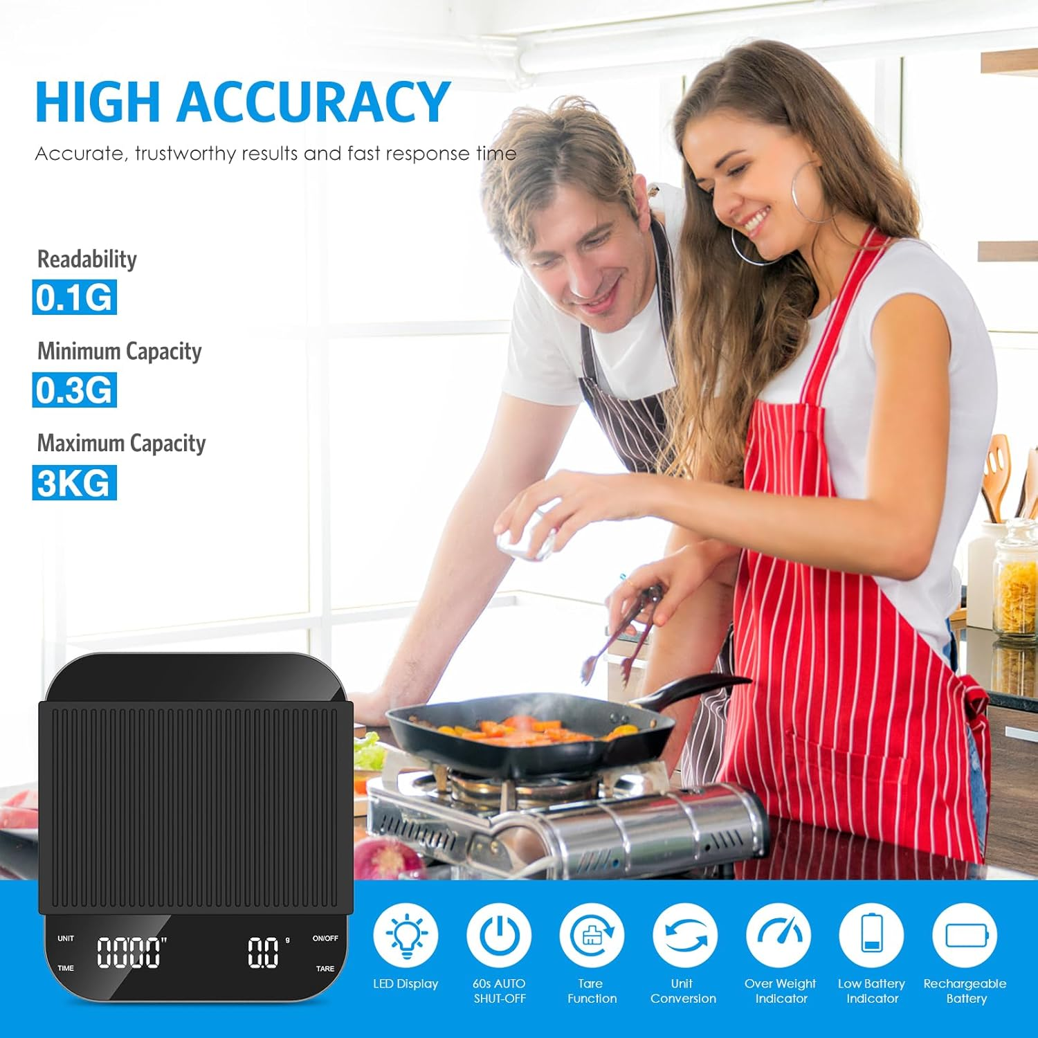 AMIR Digital Coffee Scales with Timer, 3 Kg/0.1 G Rechargeable Espresso Coffee Scale, LED Display Espresso Scale with Tare Function, Temperature Resistant, Auto Shut Off, Units Conversiona image number 1