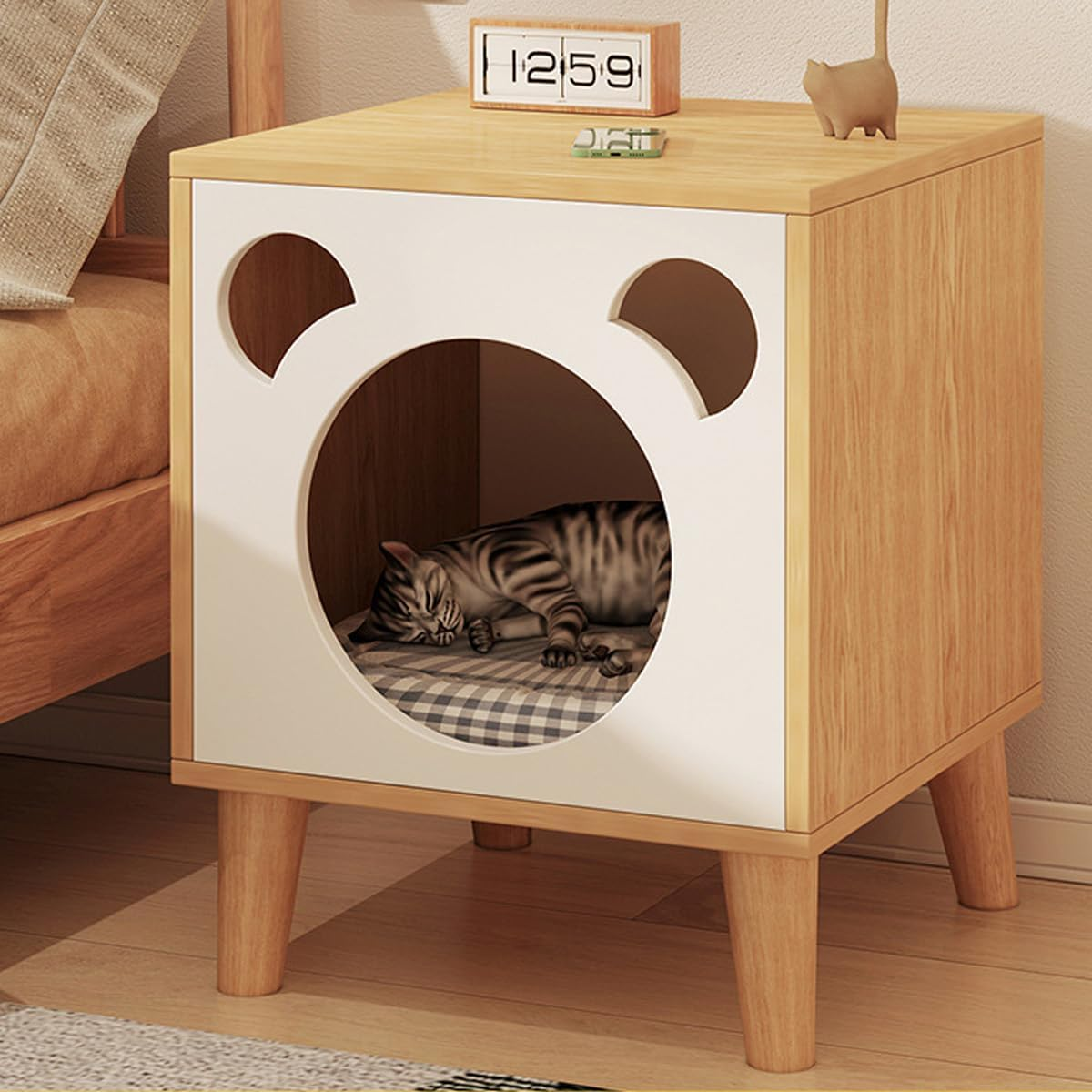 AIMALL Solid Wood Cat Nest Bedside Table &ndash; Multifunctional Small Bedside Cabinet with Cat House, Storage, and Cat Bed, Ideal for Cats and Home Use