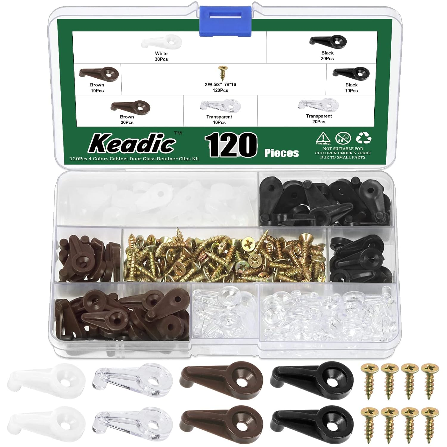 Keadic 240Pcs Plastic Cabinet Door Glass Retainer Clips Assortment Set with Screws, 5Mm Offsets Transparent/White/Black/Brown Glass Window Screen Door Clip Holders for for Fixing Mirror Cabinet Door image number 1