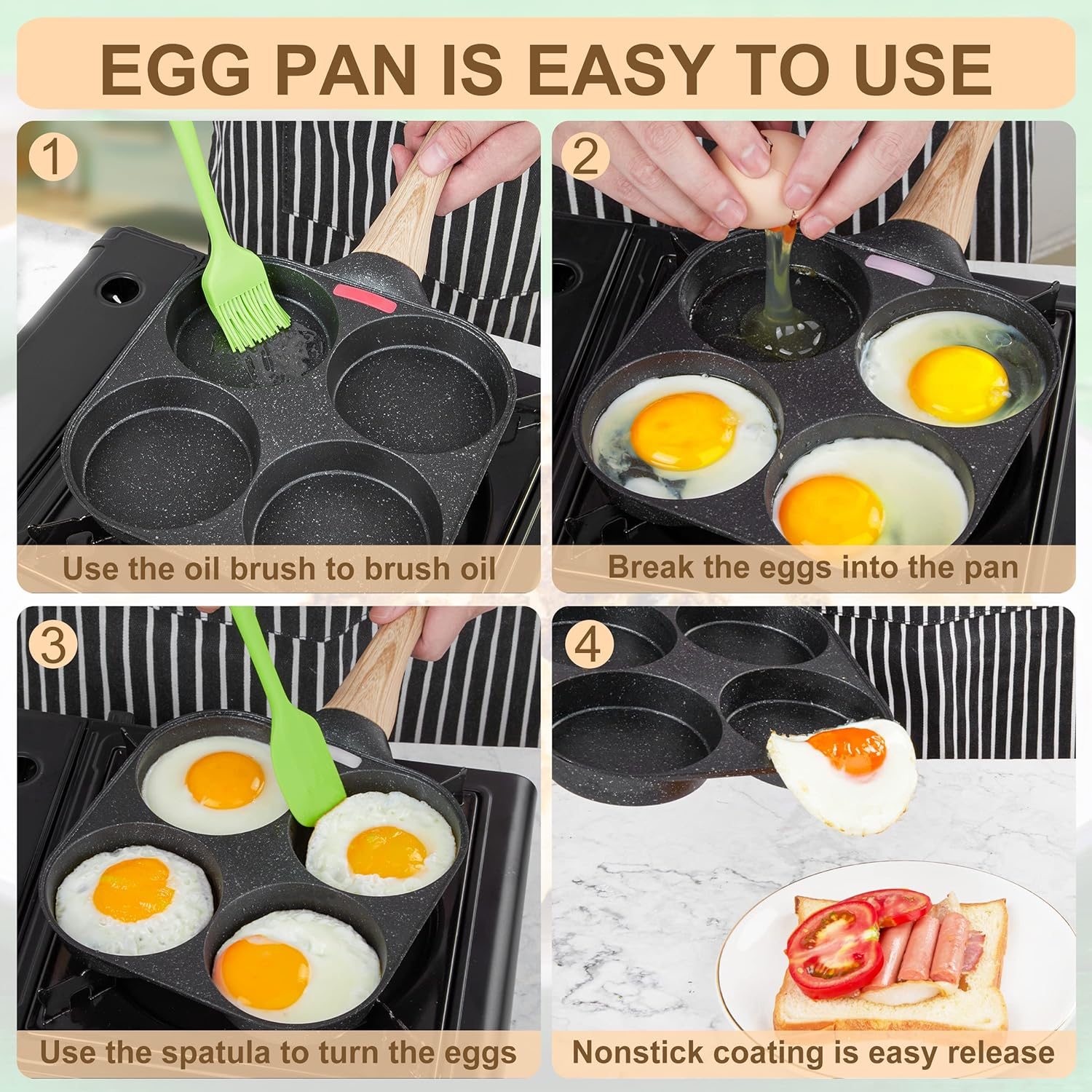 Mylifeunit Egg Frying Pan, 4-Cup Egg Pan Nonstick, Fried Egg Pan Skillet for Breakfast, Pancake, Hamburger, Sandwiches, Suitable for Gas Stove & Induction Cookware image number 5