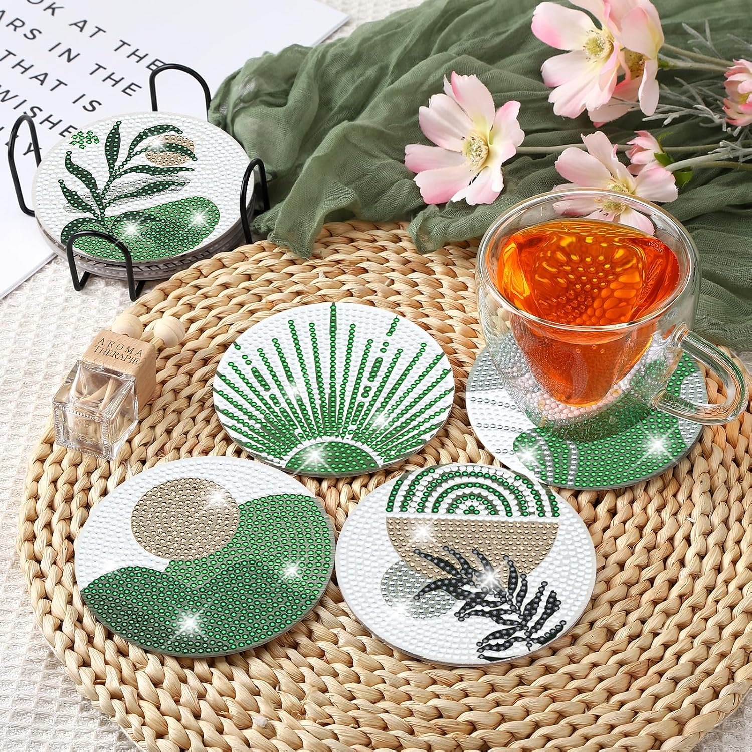 Ovveroche 8 Pcs Diamond Art Painting Coasters with Holder, Diamond Art Coasters Abstract Diamond Art Kits for Adults Beginner Craft Supplies image number 6