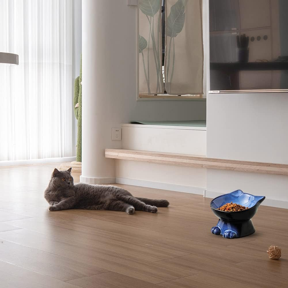 Nihow Slanted Elevated Cat Bowls: 5 Inch Ceramic Raised Cat Food Bowl for Protecting Pet'S Spine - Microwave & Dishwasher Safe -Elegant Blue & Black (4.5 OZ /1 PC) image number 6