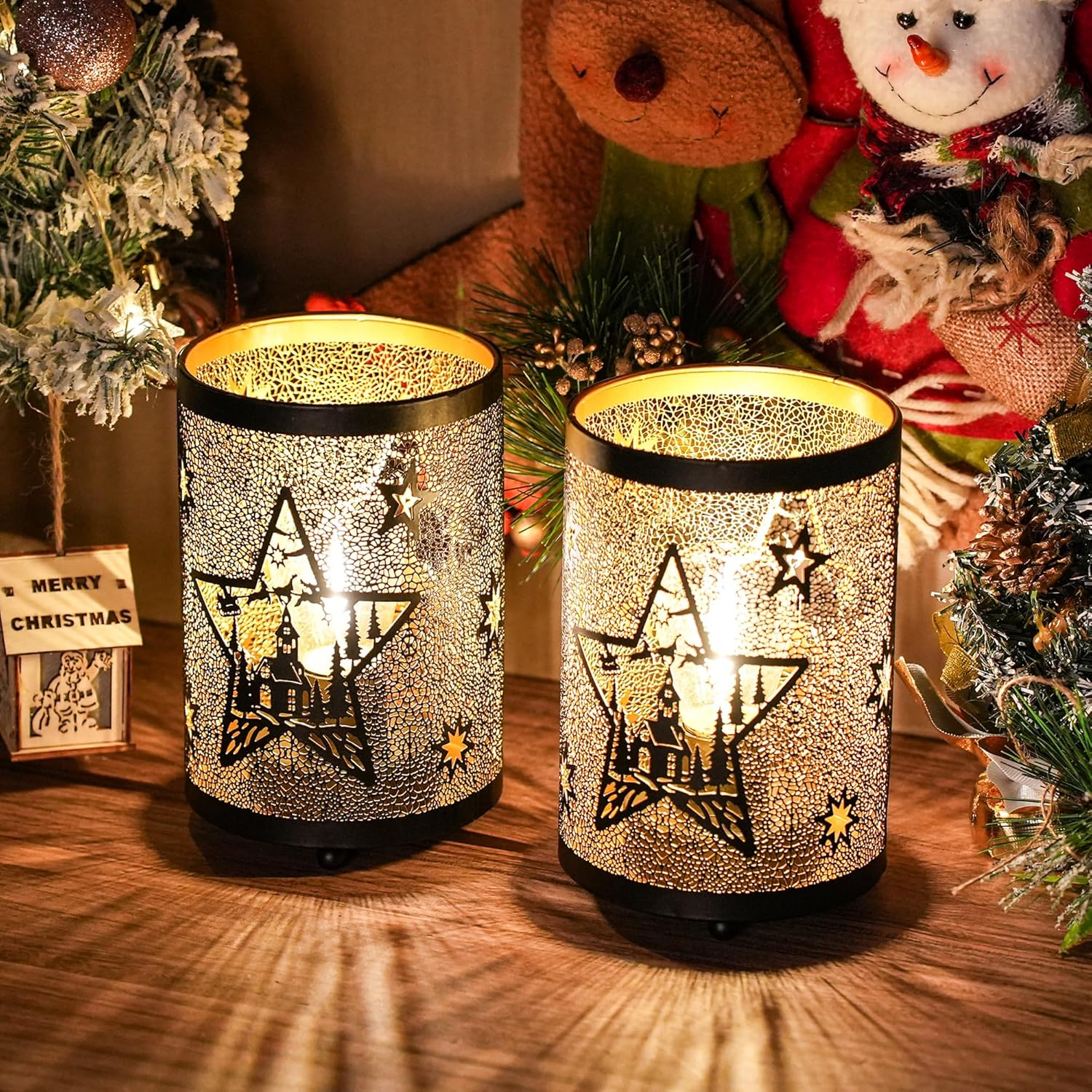 TRIROCKS Set of 2 Metal Table Lamp, Decorative Lantern with Cutout Star & Castle Design for Home, Living Room, Garden, Yard, Party, Events, Tabletop, Indoor（Black）