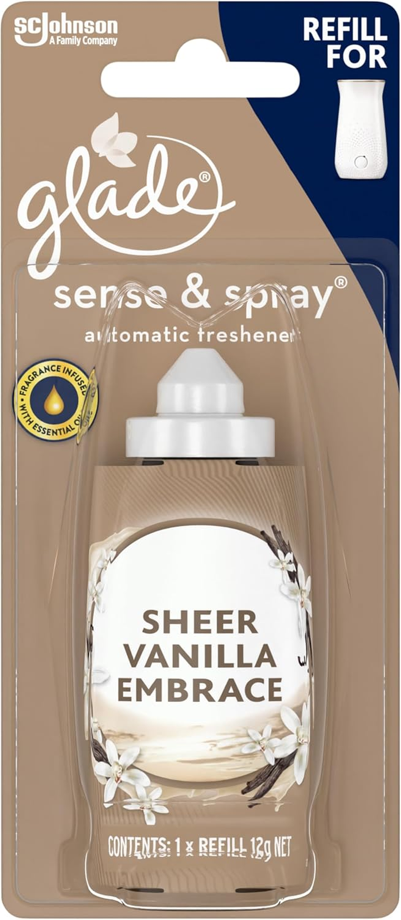 Glade Sense and Spray Refill, Use with Glade Automatic Air Freshener, Home Fragrance Infused with Essential Oils, Sheer Vanilla Embrace Spray Refill, 12G, 1 Pack image number 1