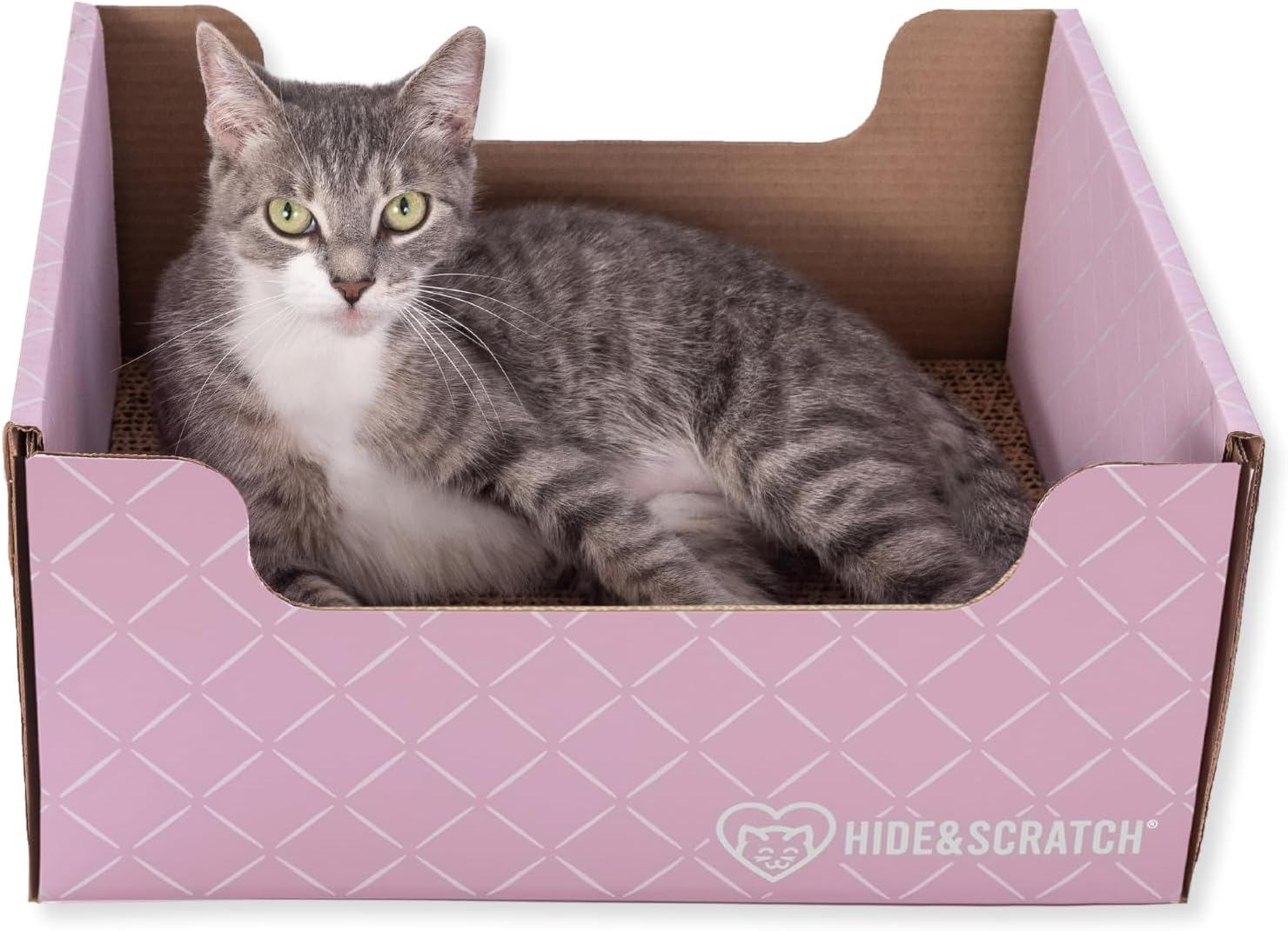 Hide & Scratch Cardboard Cat Scratcher Box & Bed - Light Pink Diamond | Double-Sided Corrugated Pad for Indoor Cats | Refillable Scratching Board Toy for Play & Furniture Protection image number 5