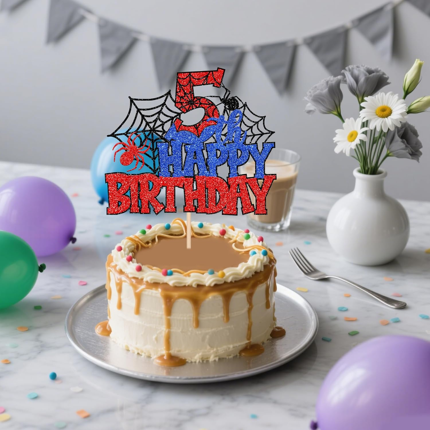 SYKYCTCY 1 Pack Spider Happy 5Th Birthday Cake Topper Glitter Spooky Party Cake Picks for Spider Theme 5Th Birthday Baby Shower Boys Girls Kids Party Supplies image number 3