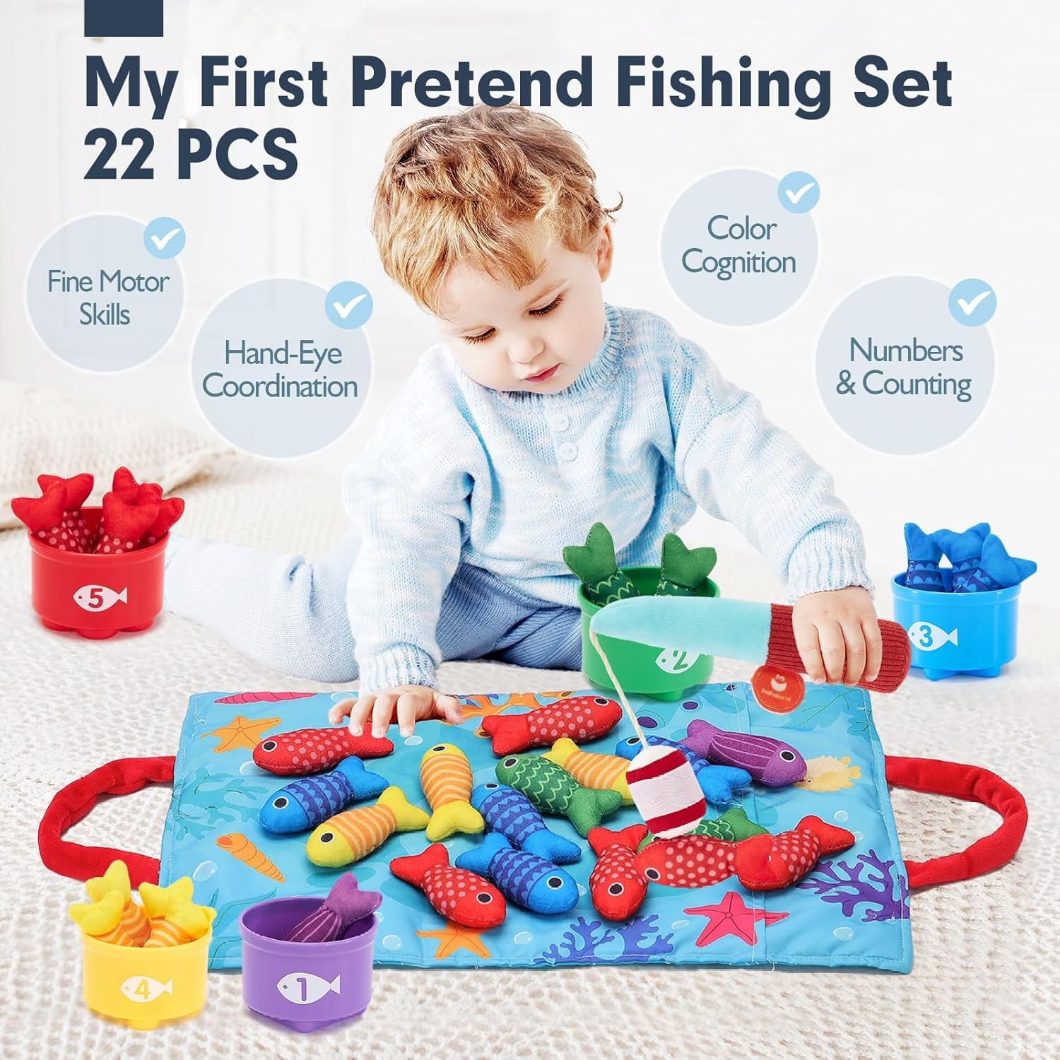 22 Pcs Toddler Toys Montessori Toys for 1 Year Old Boy Girl Birthday Gift10 in 1 Cloth Fishing Game for Toddlers with Stacking Cups-Number Counting, Color Sorting, Shape Learning Baby Toys Baby Gifts image number 1