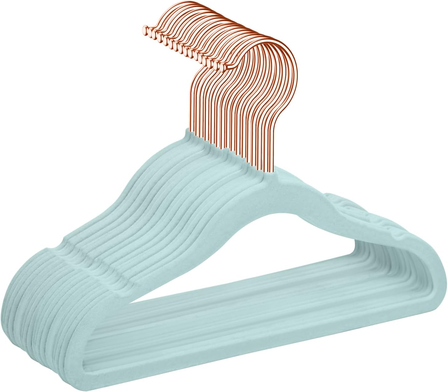 MIZGI Premium Kids Velvet Hangers (Pack of 50) with Copper/Rose Gold Hooks,Space Saving Ultra Thin,Non Slip Baby Hangers for Children'S Skirt Dress Pants,Clothes Hangers by (Blue)