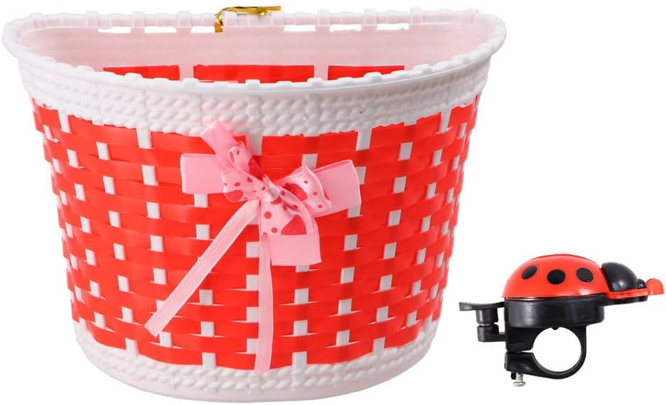 Small Red Scooter Basket with Bow Knot and Random Color Bell | Handmade Plastic Handlebar Basket for Kids Bikes and Scooters image number 2