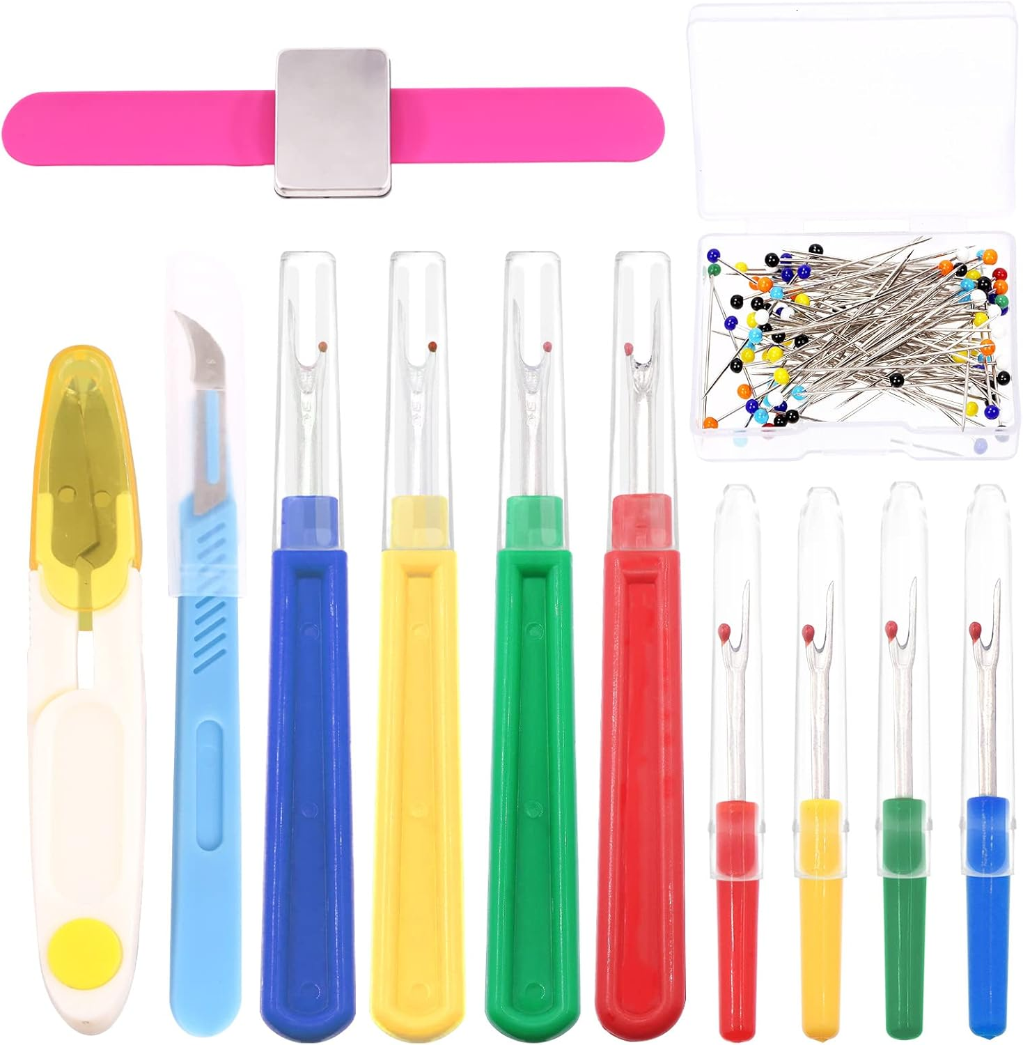 Swpeet 518Pcs Sewing Tools Kit, 10Pcs Professional Tailor'S Chalk, 1Pcs Sliding Gauge and 4Pcs Seam Ripper with 500Pcs Quilting Sewing Pins and 2Pcs Snip Scissor Assortment Kit, Thread Remover