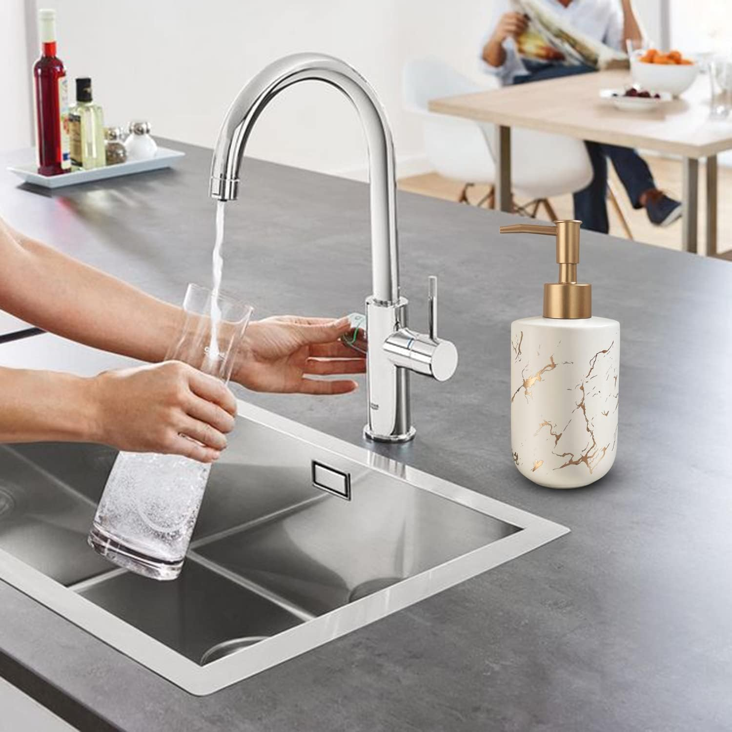 Gold Ceramic Soap Dispenser for Bathroom White Soap Dispenser for Kitchen Dish Soap Dispenser with Marble Pattern Liquid Hand Soap Dispenser Pump Bottle (White) image number 3