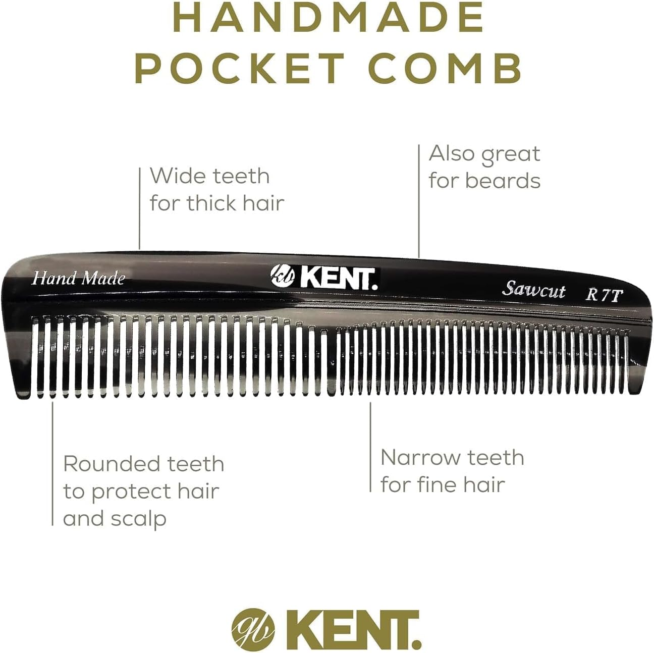 Kent R7T Small Double Tooth Hair Pocket Comb, Fine / Wide Tooth Comb for Hair, Beard and Mustache, Coarse / Fine Hair Grooming Comb for Men, Women and Kids. Saw Cut Hand Polished. Handmade in England image number 3