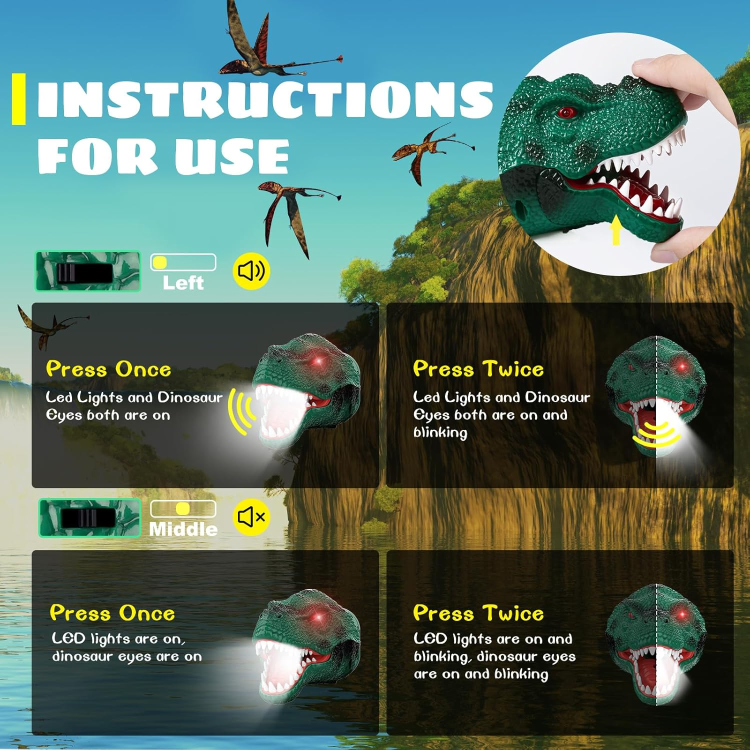 Dysaim Kids Headlamp, Rechargeable T-Rex Dinosaur Headlamp for Kids and LED Head Lamp Camping Gear Flashlight, Hiking Accessories Headlight Toys, Four Light Modes Suitable for Reading/Party Gift - Red image number 3