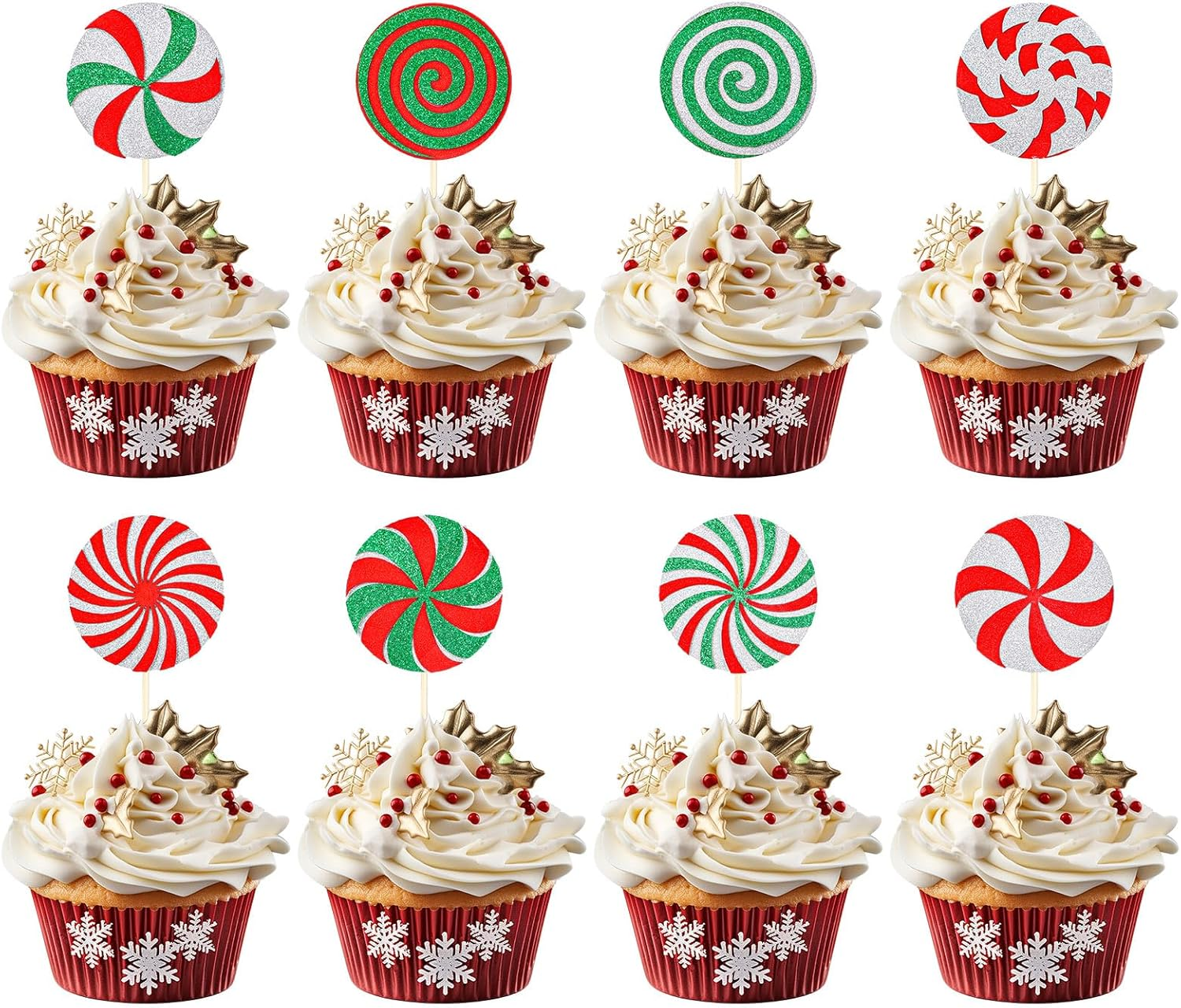 Whaline 24Pcs Christmas Cupcake Toppers Red Green Glitter Xmas Peppermint Candy Cupcake Picks for Xmas Holiday New Year Gathering Celebration Birthday Party Cake Decoration Supplies, 8 Styles image number 6