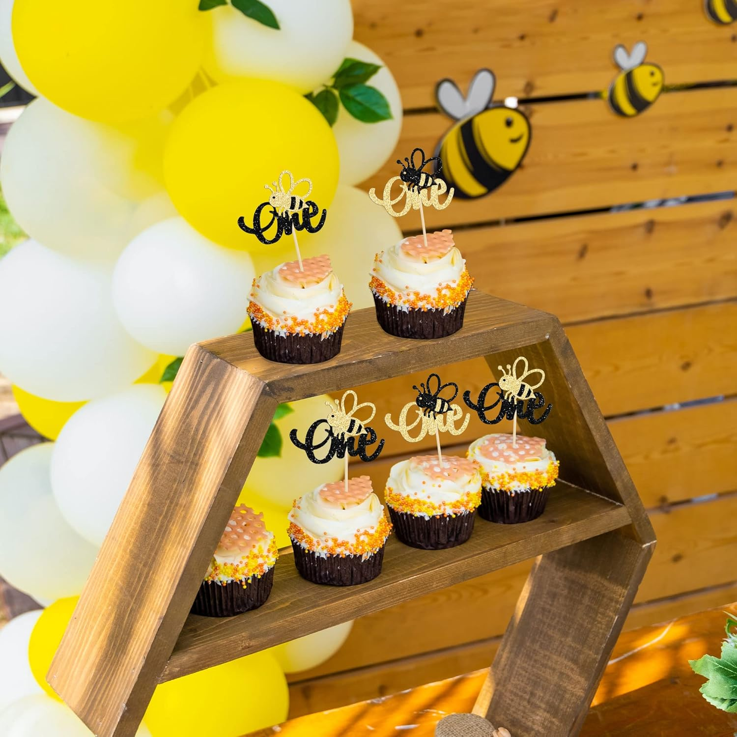 24Pcs Bumble Bee One Cupcake Toppers Glitter 1St Birthday Party Cupcake Picks Decorations for Bee Theme Baby Shower Kids First Birthday Party Supplies image number 6