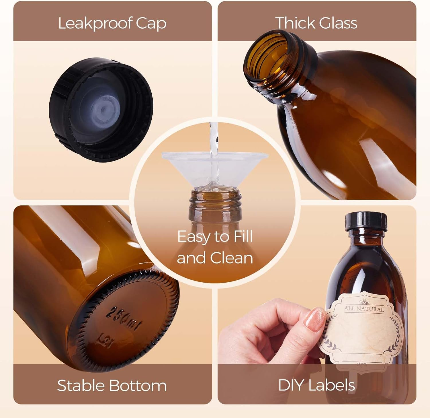 12 Pack, 8 OZ Amber Glass Bottles with Caps Leakproof Refilllable Empty Brown Boston Sample Dispensing Bottles for Homemade Vanilla Extract, Essential Oils, Potion, Juice, Ginger Shots, Liquids image number 5