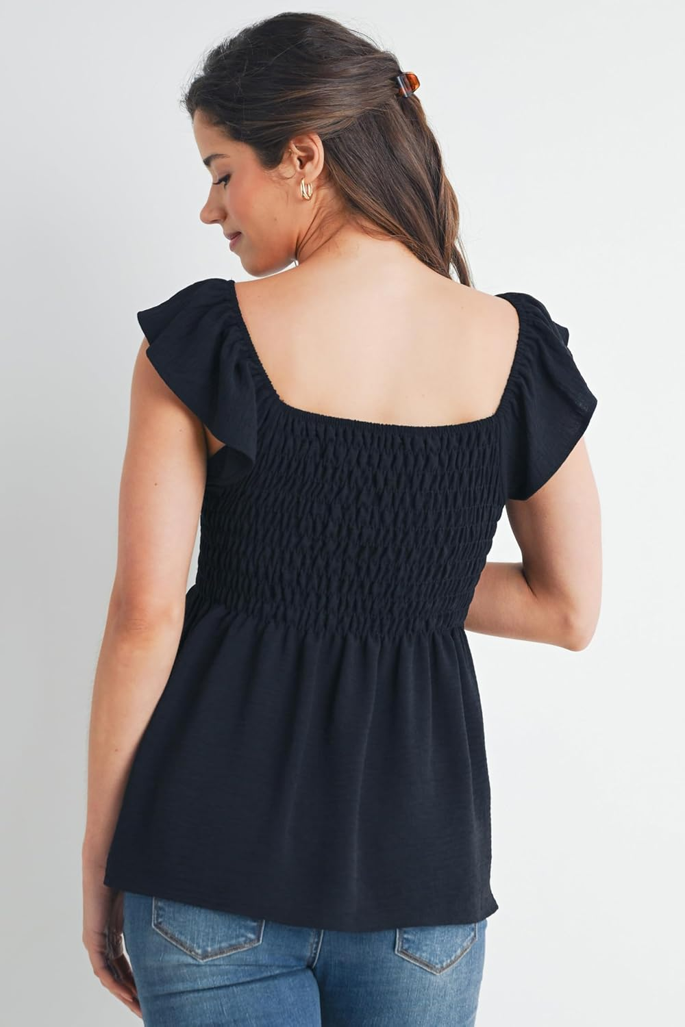 Women'S Square Neck Smocked Blouse Ruffle Cap Sleeve Maternity Top image number 4