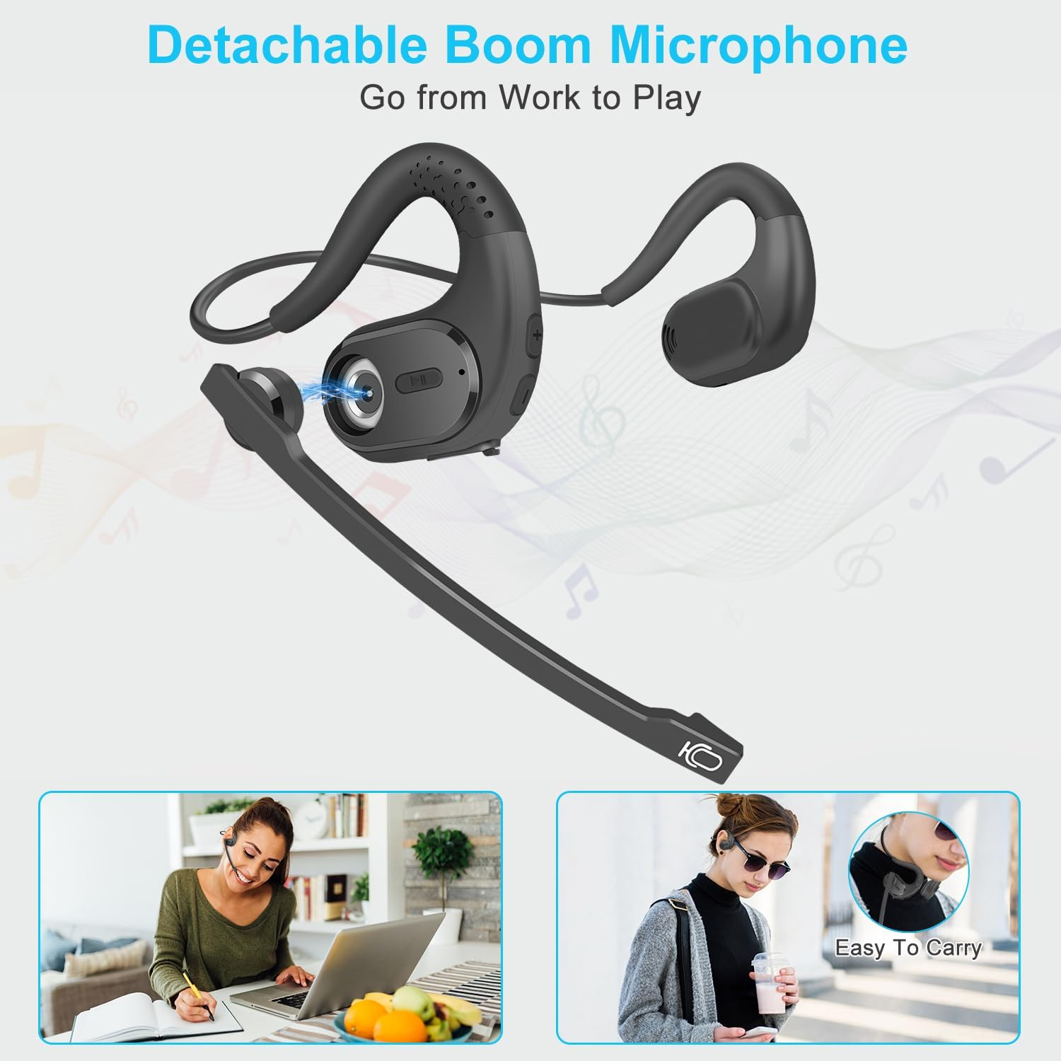 Idigmall Bluetooth Headset with Detachable Microphone, Multi-Point Wireless Headset W/Dsp Noise Canceling Mic for Phone PC Laptop, Comfort & Light Open Ear Headphones for Office Meeting Home Work, 12H image number 4