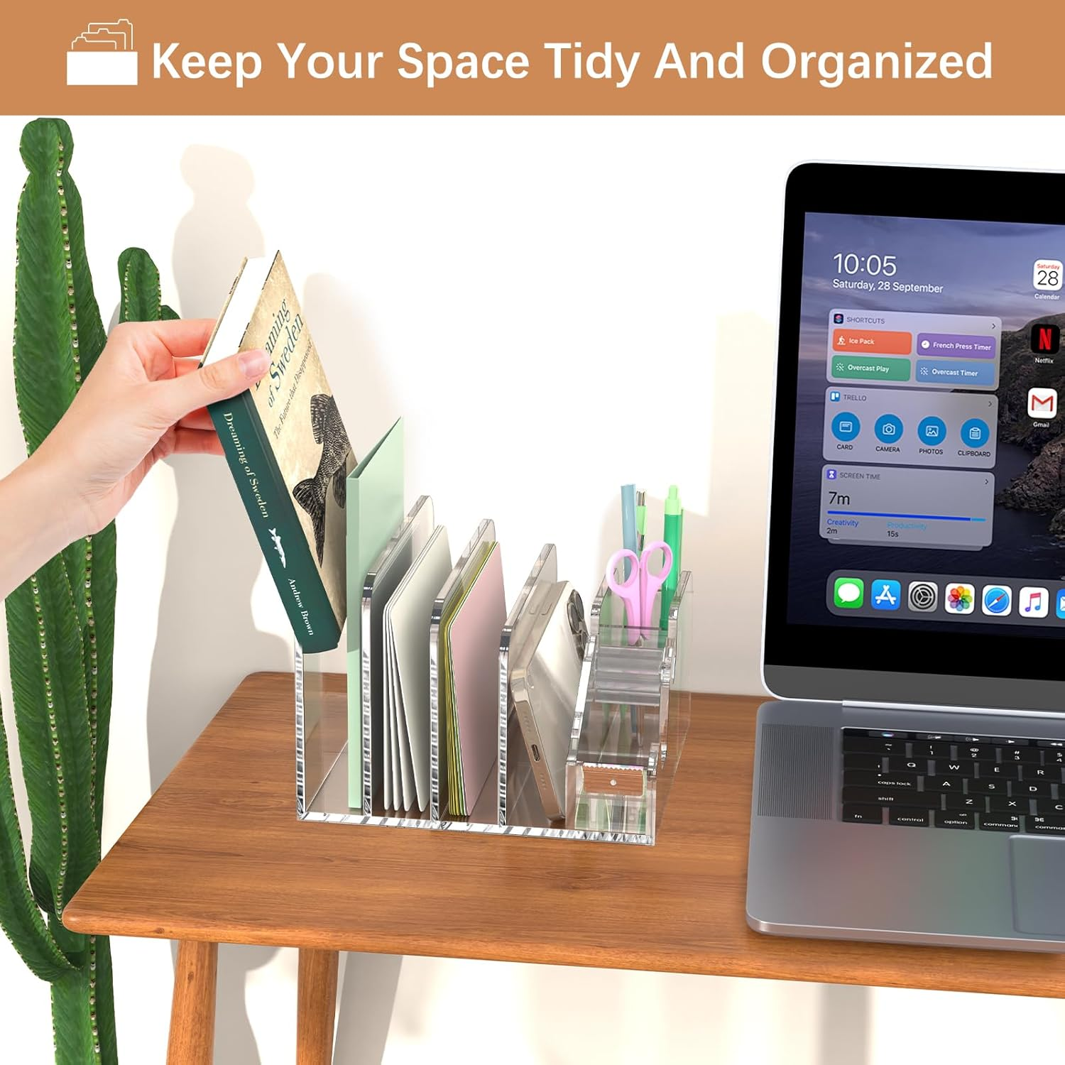 Merrynine Acrylic Desk Organizer, Clear Desk Storage with 4 Compartments, Pencil Holder for Office,Home, School Desk Organization image number 1