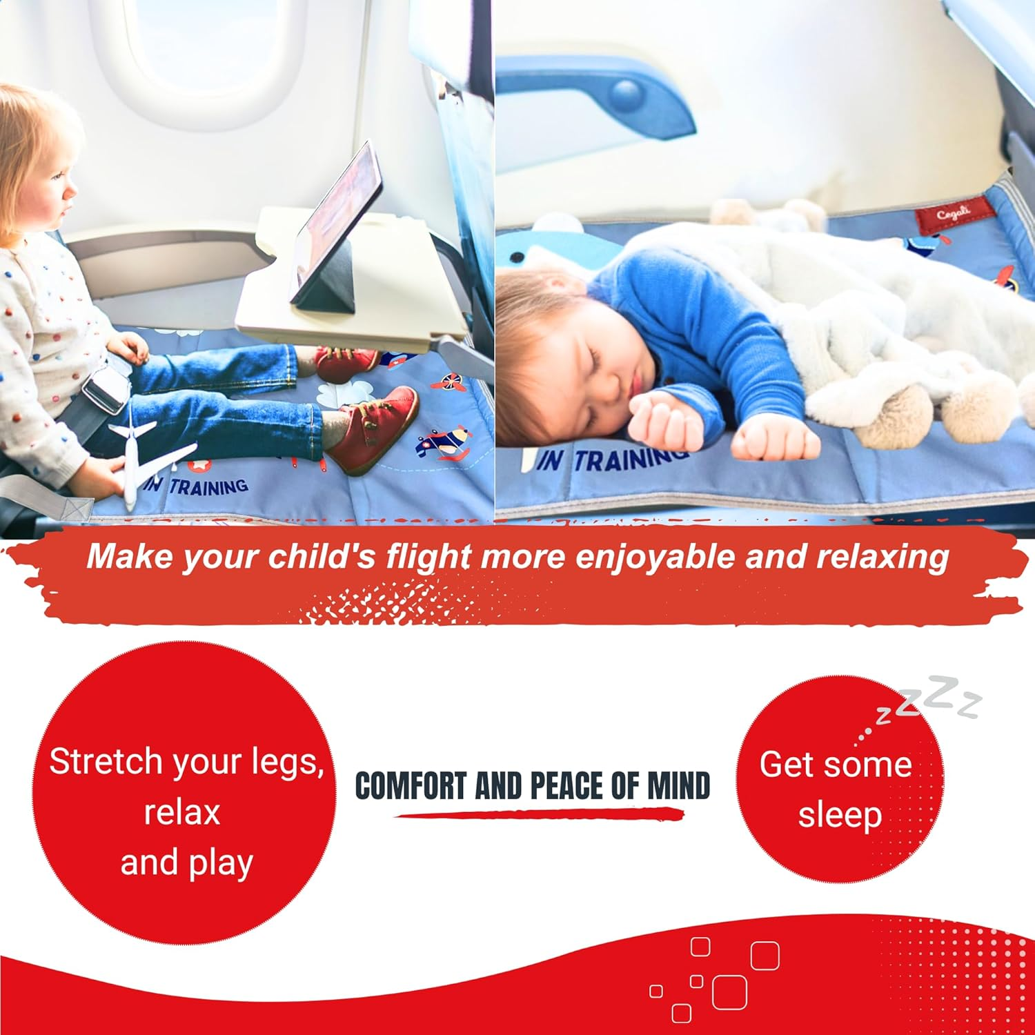 Cegali Airplane Seat Extender for Kids: Enhance Your Child'S In-Flight Comfort. Travel Toddler Bed, Airplane Footrest, Airplane Foot Hammock and Seat Extender, All in One (Little Pilot - Cool Grey) image number 1