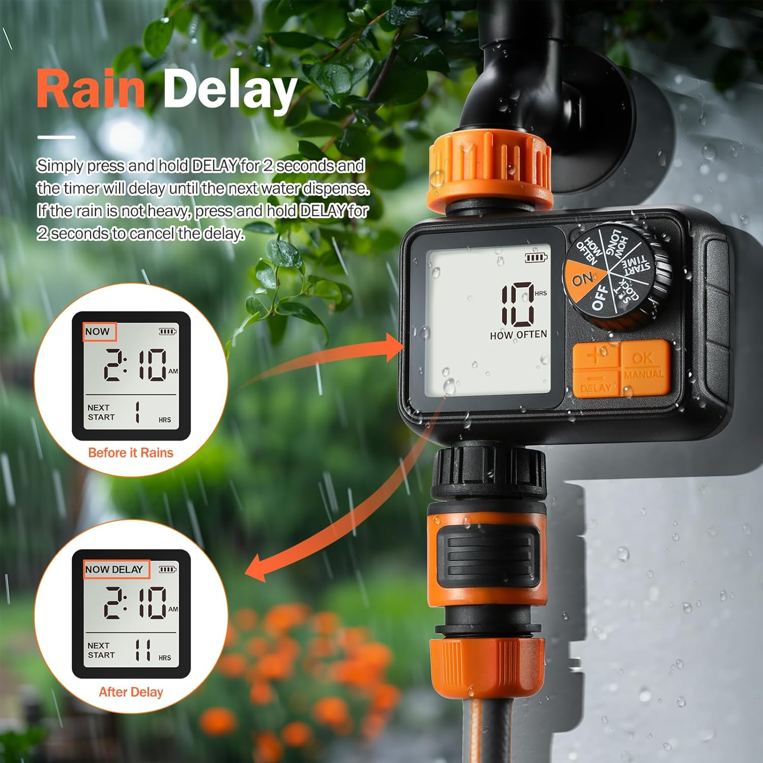 Sprinkler Timer, Programmable Garden Outdoor Hose Feature Timer with Rain Delay/Manual/Automatic Watering System for Lawns Pool (1 Outlet) image number 5