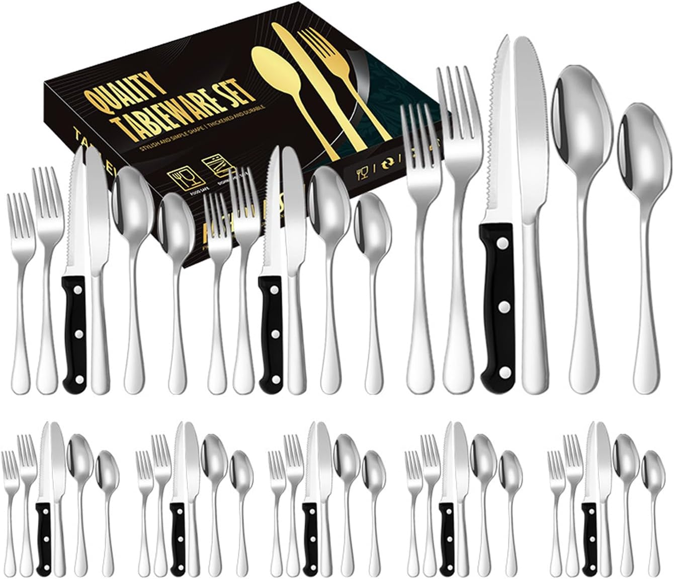 Shgarden 48Pcs Black Silverware Set Stainless Steel Black Flatware Set for 8 Mirror Polished Cutlery Utensil Set Eating Tableware Set for Home Kitchen Restaurant Hotel Dishwasher Safe SH0058 (Black) image number 3