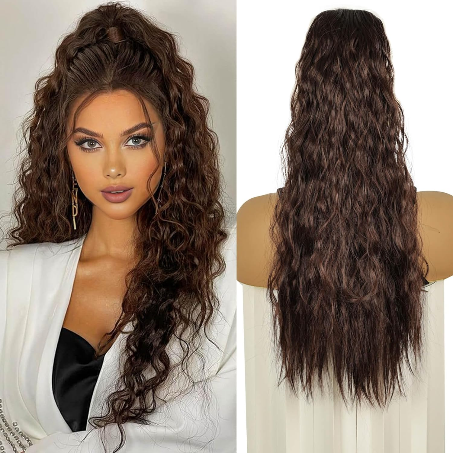 PHOCAS Drawstring Ponytail Extension,Long Wavy Ponytail Extension Black Synthetic Hairpiece Long Hair Extension for Women Daily Use (24Inch)