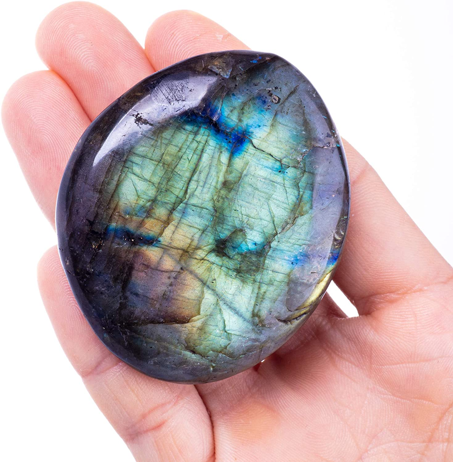 Labradorite Palm Stone Crystal - Natural Chakra Reiki Polished Healing Pocket Worry Stone Crystal for Anxiety Stress Relief Therapy image number 1