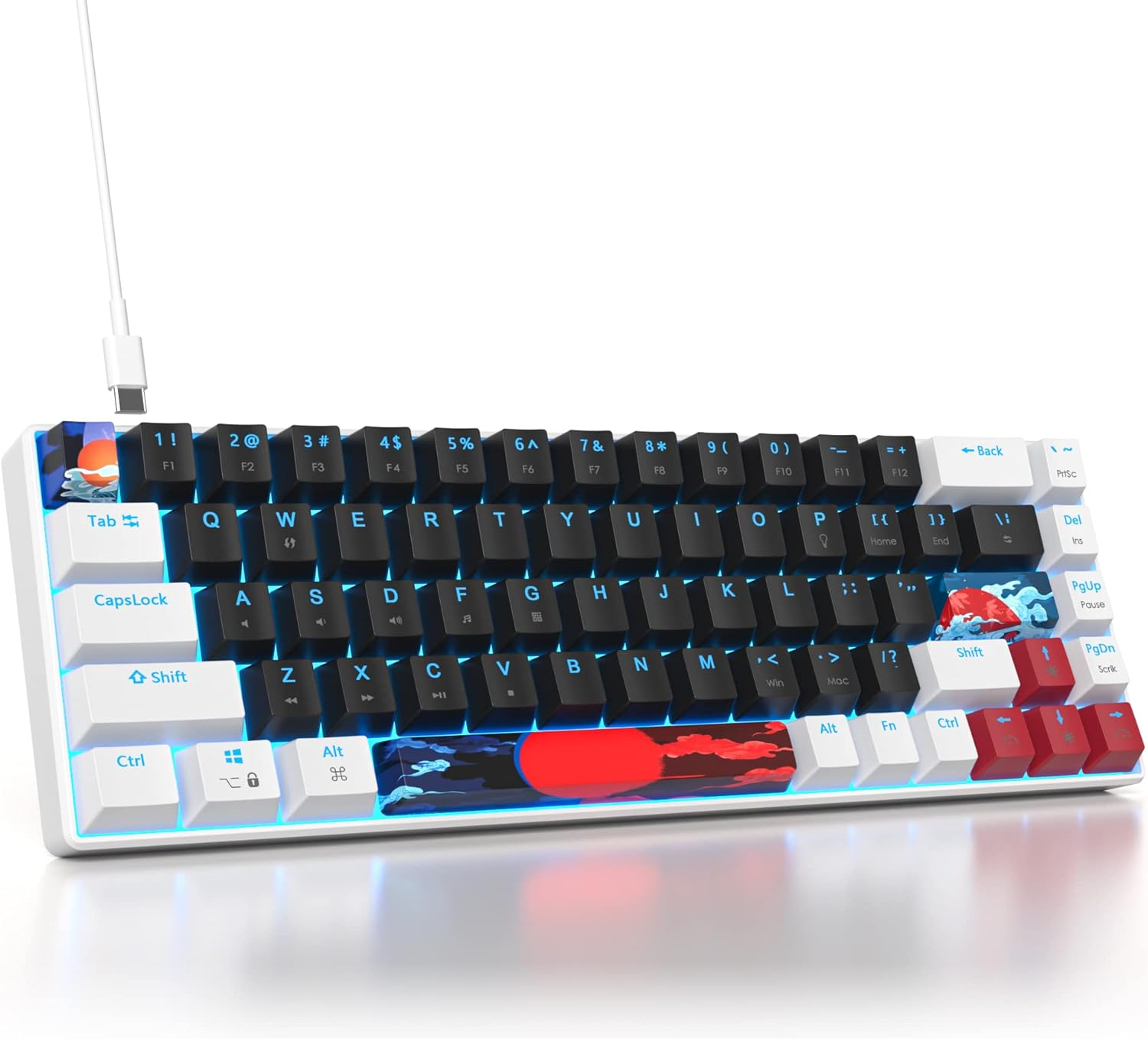 65% Mechanical Gaming Keyboard,Wired Compact 65 Percent Keyboard Ice Blue LED Backlit Red Switches PBT Keycaps for Win/Mac PC Gamers&Typists(Dolch)