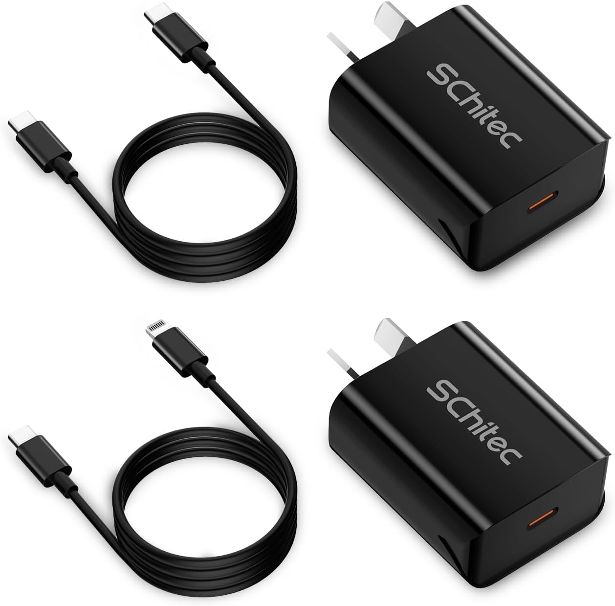 2-Pack SCHITEC 20W USB-C Charger with 1 M USB-C Cable, PD 3.0 Fast Wall Adapter, Compatible with Iphone 15/16/16 Pro Max, Ipad, Galaxy S25, Pixel 10 Pro, Galaxy A56(Black) image number 2