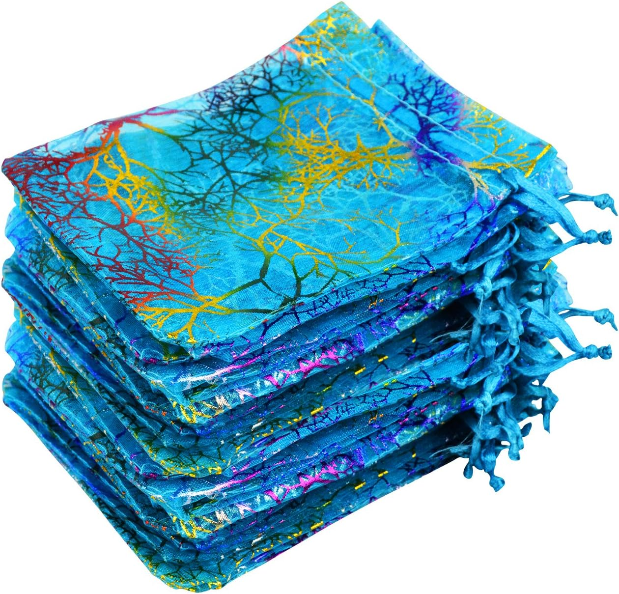 Marrywindix 100Pcs Blue Organza Drawstring Pouches Jewelry Bags, Candy Pouch Chocorate Pouch Party Wedding Favor Gift Bag image number 3