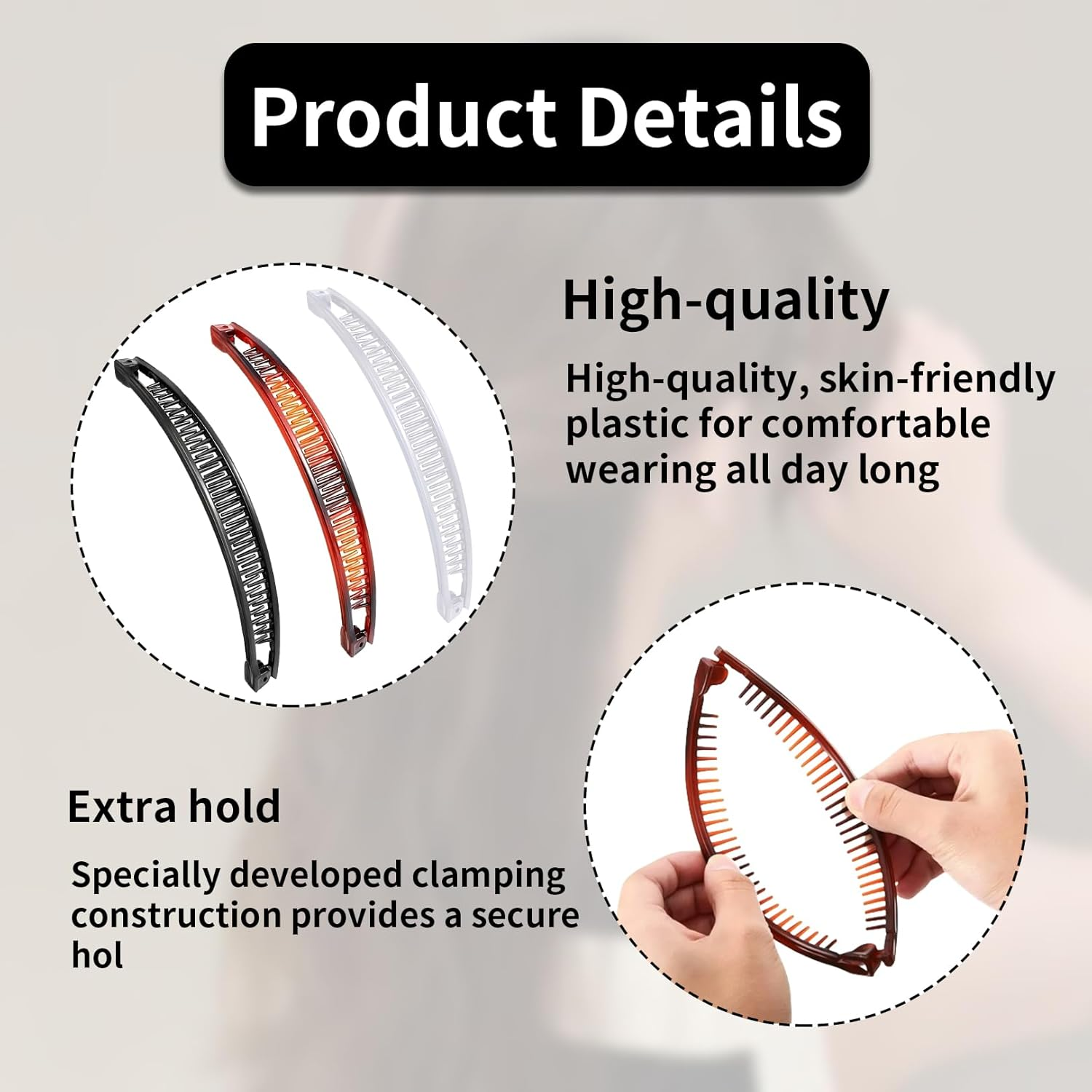 Pack of 3 Banana Clips, Banana Hair Clips, Banana Hair Clips, Banana Clip Hair for Women and Girls (Black, White, Brown) image number 2