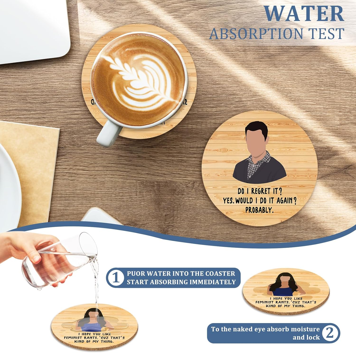 New Girl Cork Coasters Set of 6, Funny Novelty Coasters for Drinks Absorbent with Holder Cup Desk Office Table Kitchen Decor Accessories House Warming Gifts for New Home Couples,Round 4 Inch image number 3