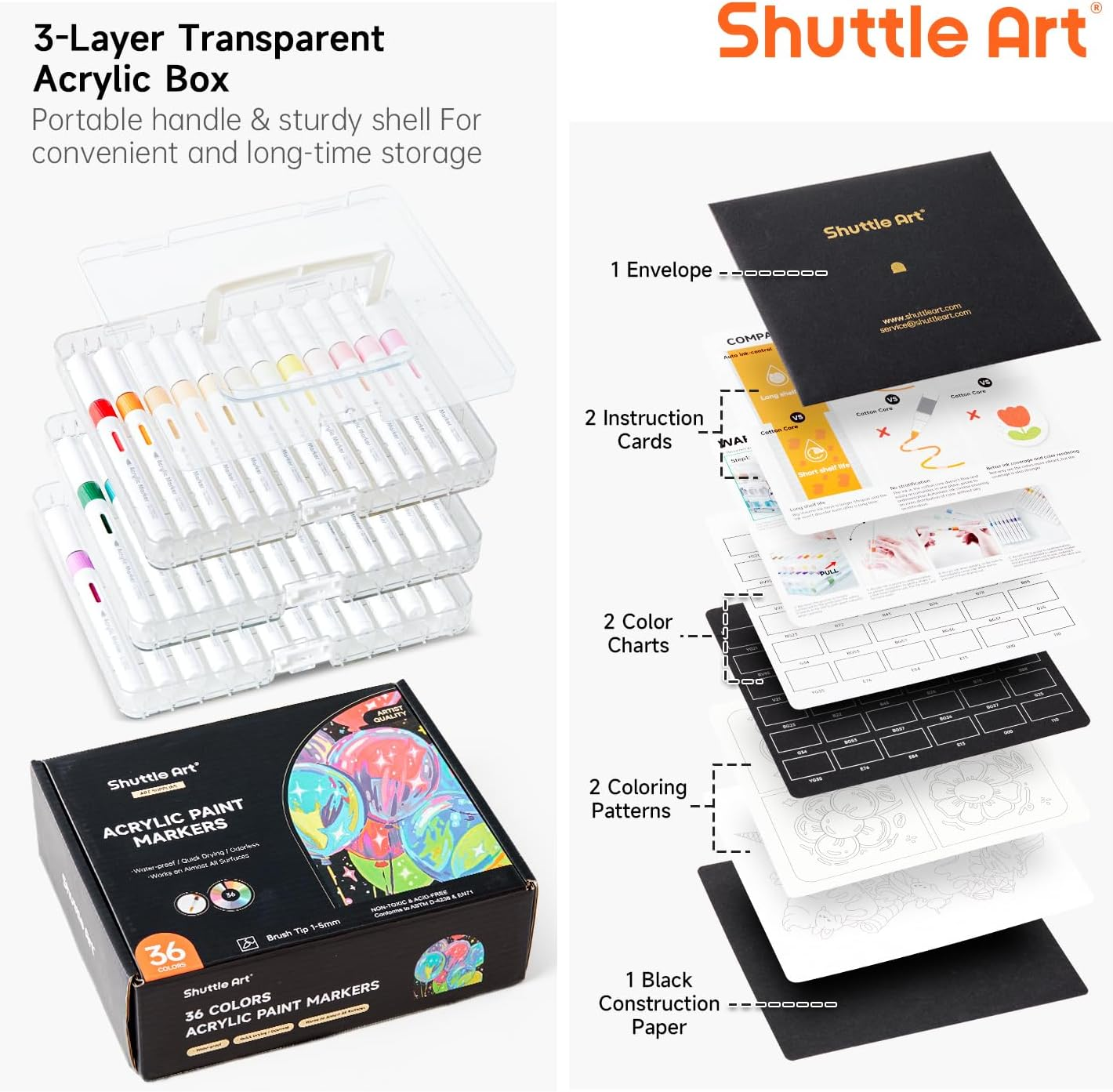 Shuttle Art Automatic Ink Control Acrylic Paint Markers, 36 Colors Brush Tip Acrylic Paint Pens for Rock Painting, Ceramic, Wood, Canvas, Glass, Stone, Fabric, Card Making, DIY & Art Supplies image number 3